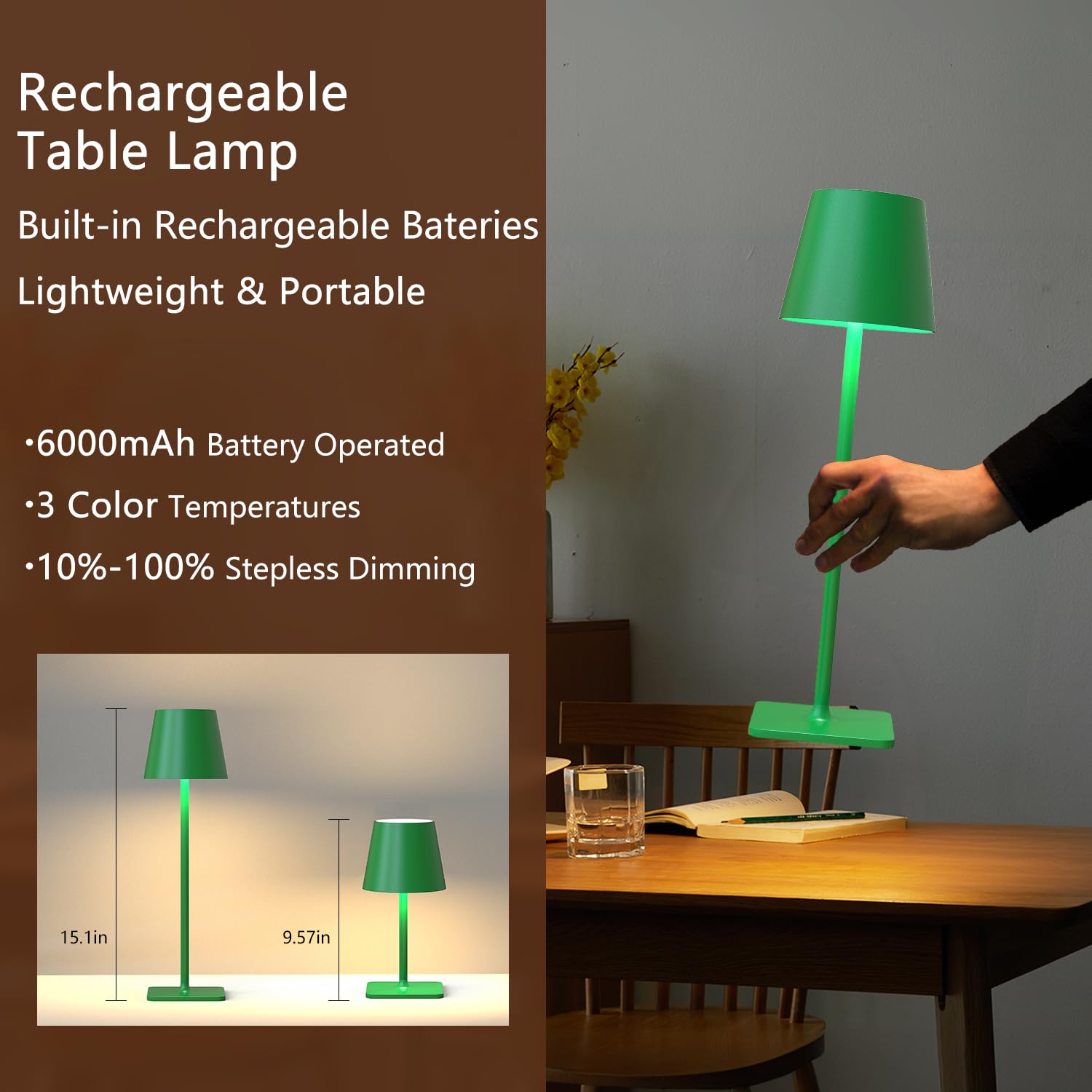 Yogaret Green Cordless Table Lamp Set of 2, Dimmable, Metal, Model Yogaret-Dinner Lamp