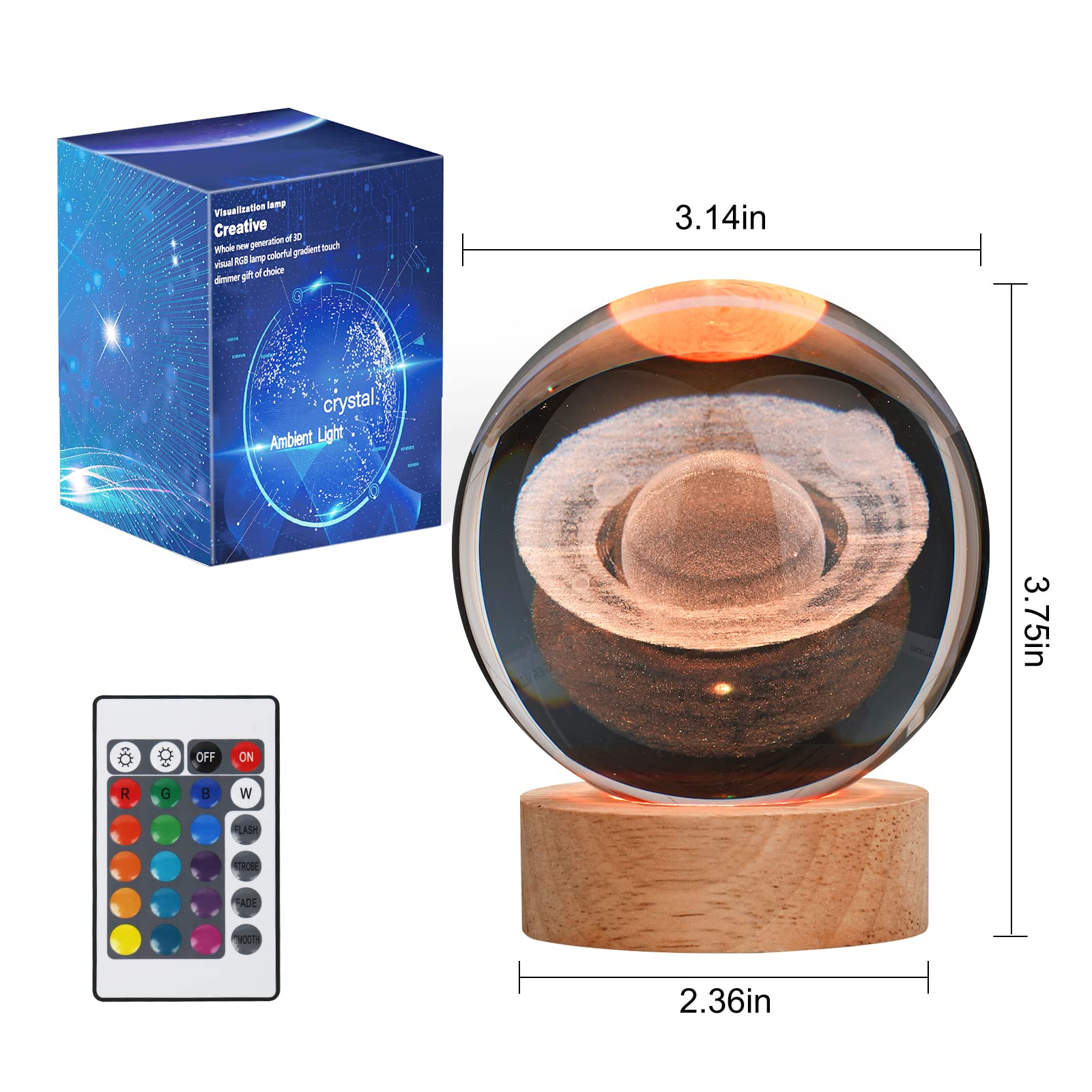 Janarary Large 3D Crystal Ball Saturn Lamp, Crystal Lamp 16 Color Changing Night Light With Remote Control For Bedroom Decor, Id