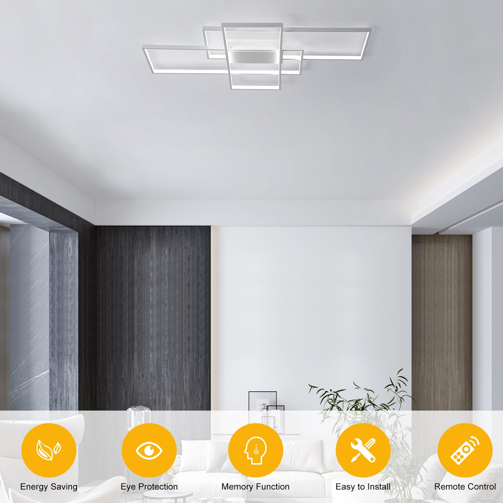 Geadi Modern Dimmable Ceiling Light, 35.4'' White Led Ceiling Light Fixtures With Remote Control, 50W Rectangle Flush Mount Ligh