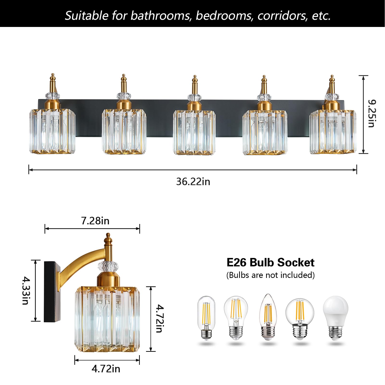 BBLLWJ Crystal Vanity Light Fixture - 5-Light Modern Bathroom Lighting Over Mirror - Black Gold - Model 655
