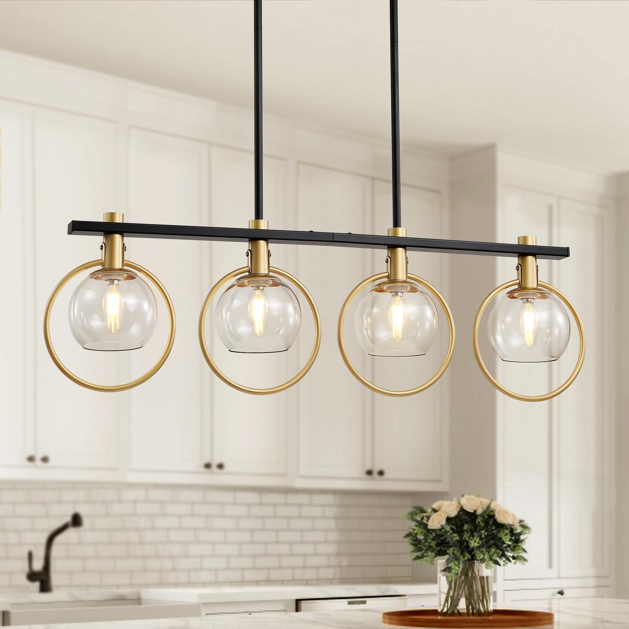 Kveosv Gold Black Chandelier Modern Dining Room Light Fixture 4-Light Kitchen Island Lighting Hanging For Farmhouse Linear Chand