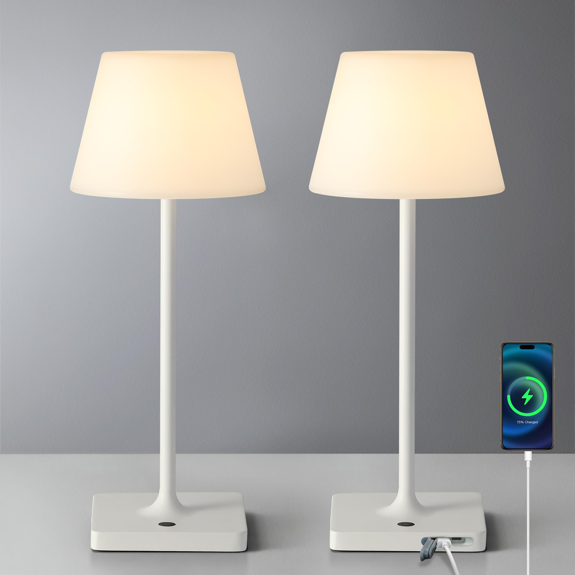 Newsee 14.5'' Small Cordless Touch Table Lamp White, Waterproof Shower Lamp Set Of 2, 4000Mah Rechargeable Battery Powered Dimma