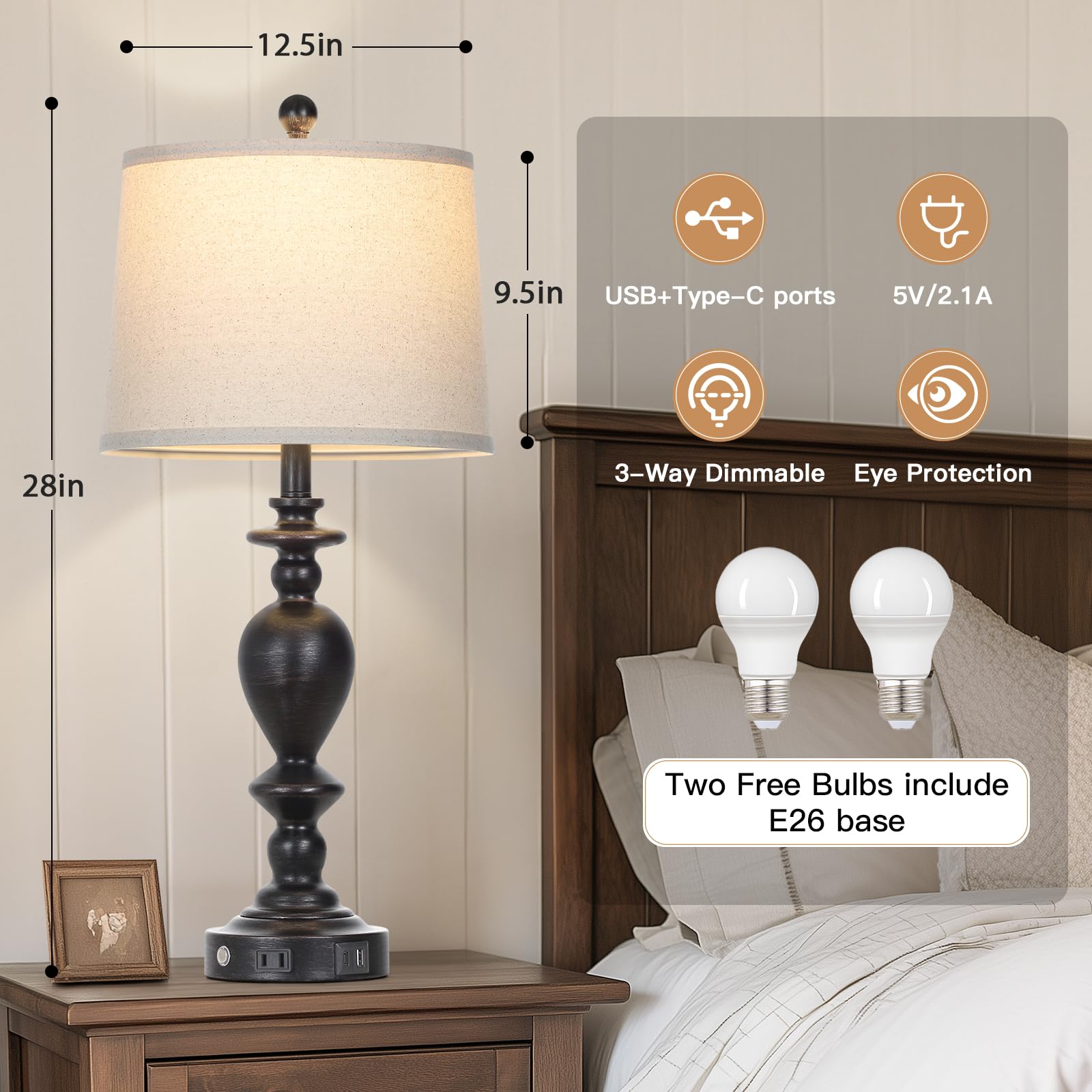 Cinkeda 28" Black Farmhouse Table Lamps Set of 2 - 3-Way Dimmable Touch, USB Ports & AC Outlet for Vintage Living Room & Bedroom
