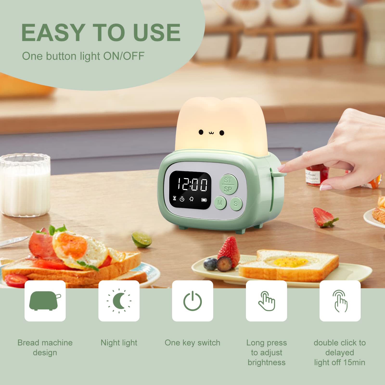 QANYI Small Timer Clock Lamp, Digital Alarm Night Light, Green, 2.2*3.8*4 inches, ABS+PC Material, Kids Birthday Gift
