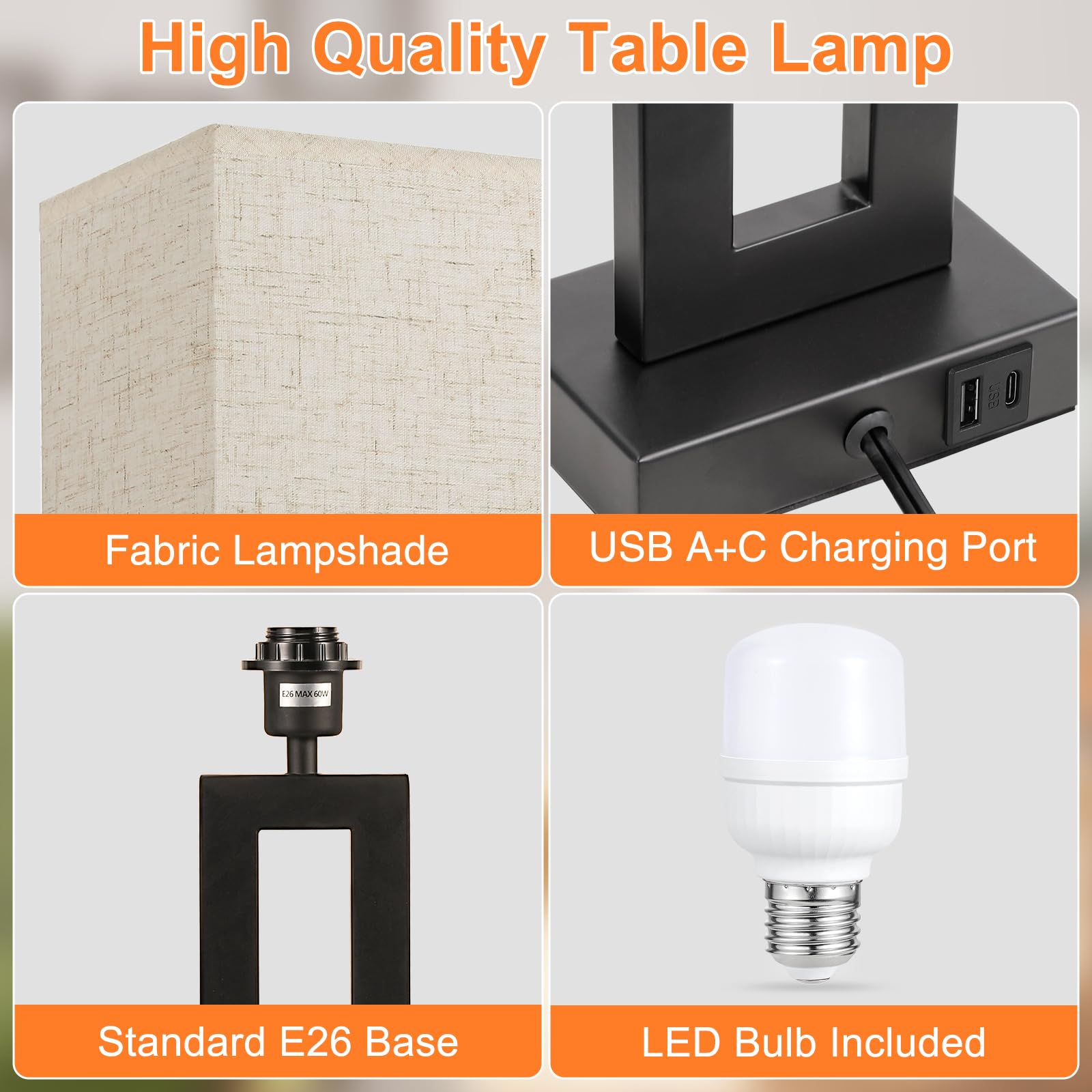 Seealle Cream & Black Bedside Lamps Set of 2, 22in Tall, Touch USB C+A, 3 Way Dimmable, Metal, Model 04076