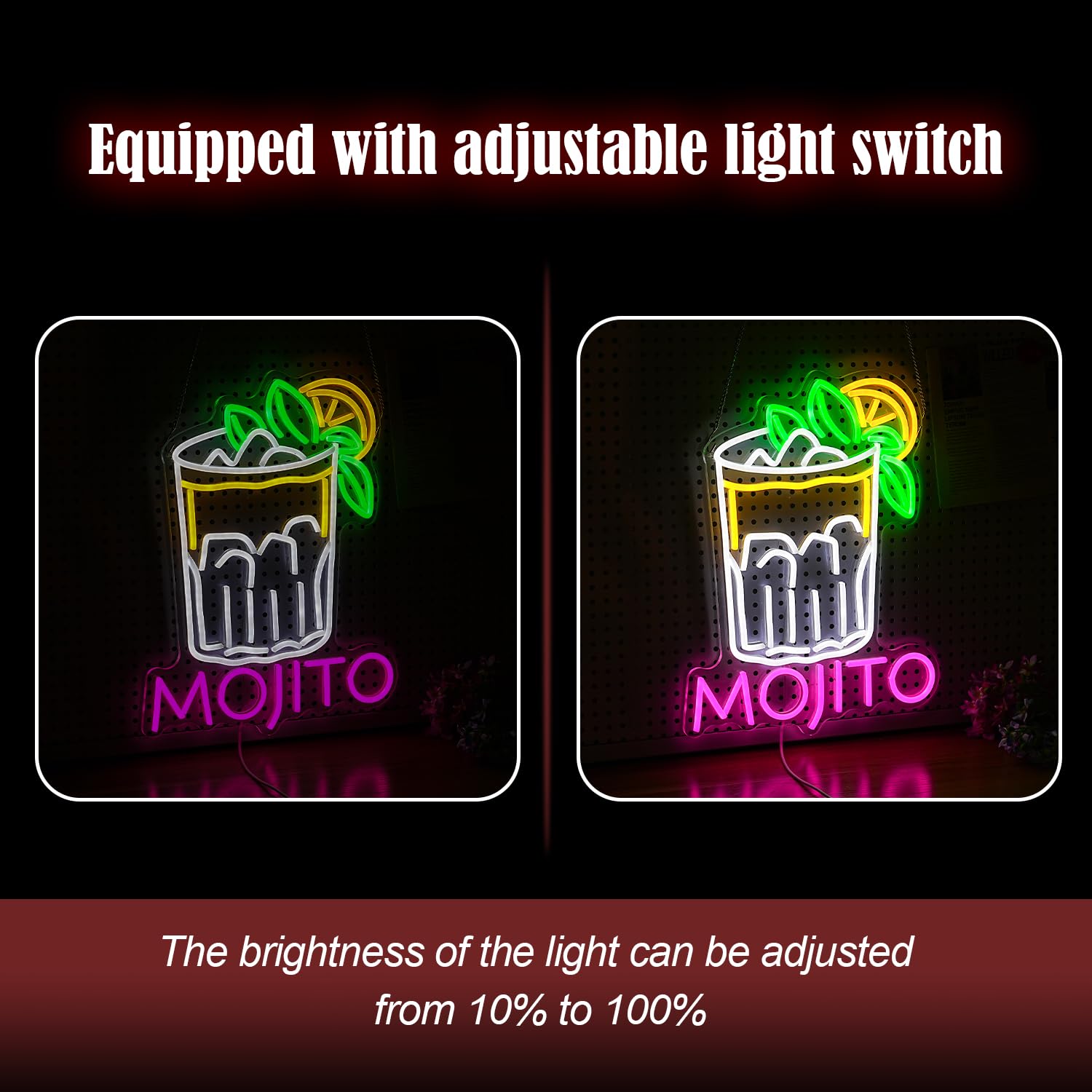 LIUOZHTEA Neon Sign - Mojito Cocktail LED Light for Wall Decor, Dimmable, USB Powered, 16.7 x 12.8 inches, Pink White Yellow Green