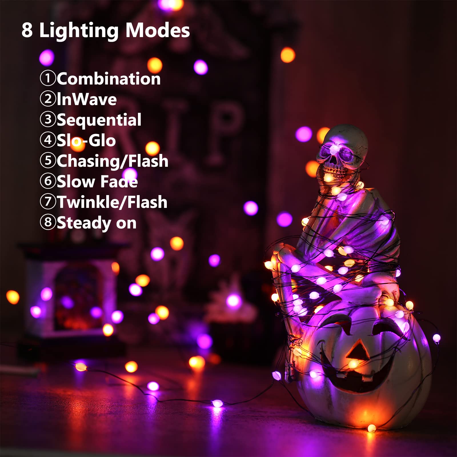 iBaycon 50 LED Battery Halloween Lights, 16.4ft, Waterproof Twinkle Fairy Lights, Orange Purple, 8 Modes & Timer for Indoor Outdoor Use