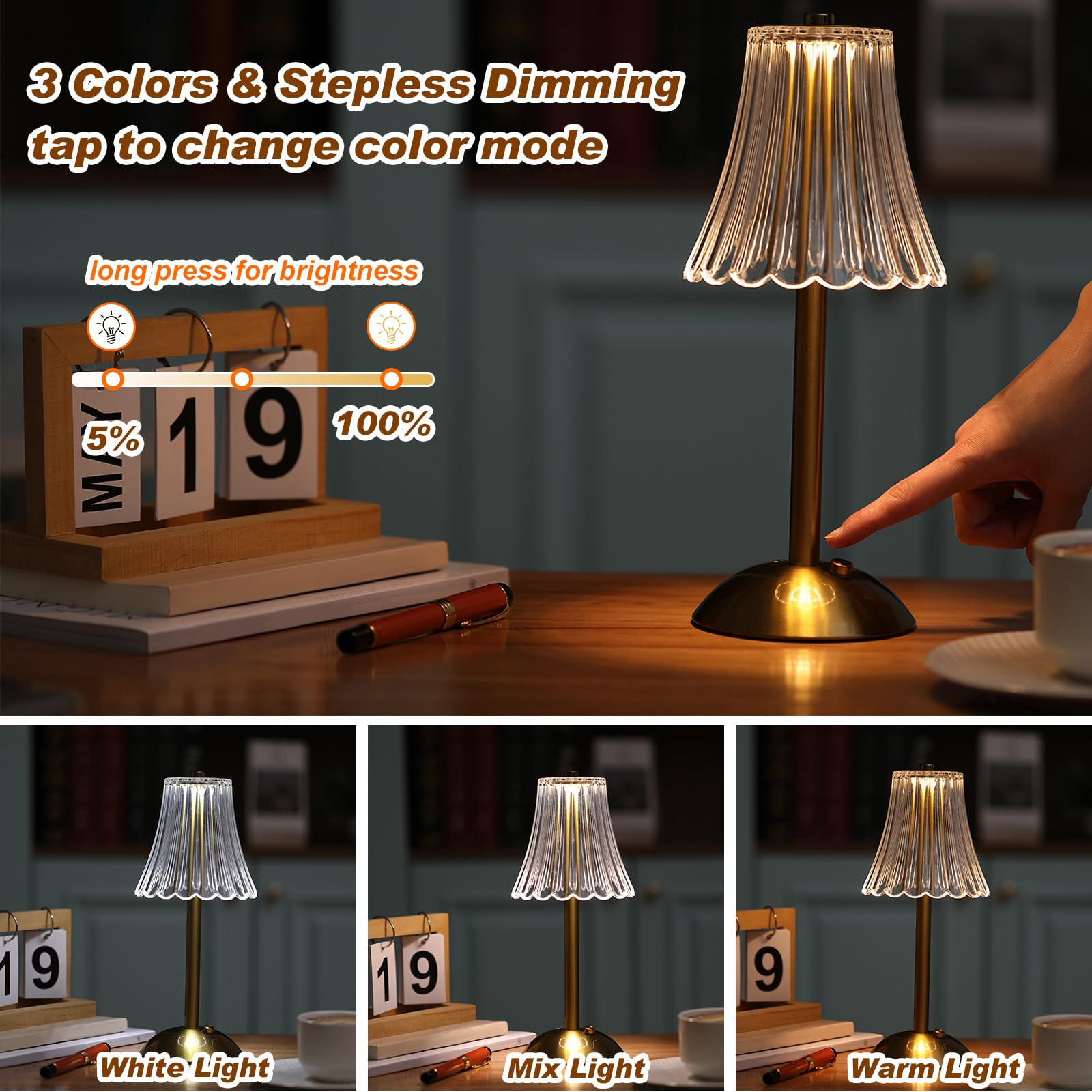 Liliful LED Cordless Table Lamp, Touch Battery Operated, 3 Color Dimmable, Gold Size, Rose Style, Model IAN-Liliful-5009