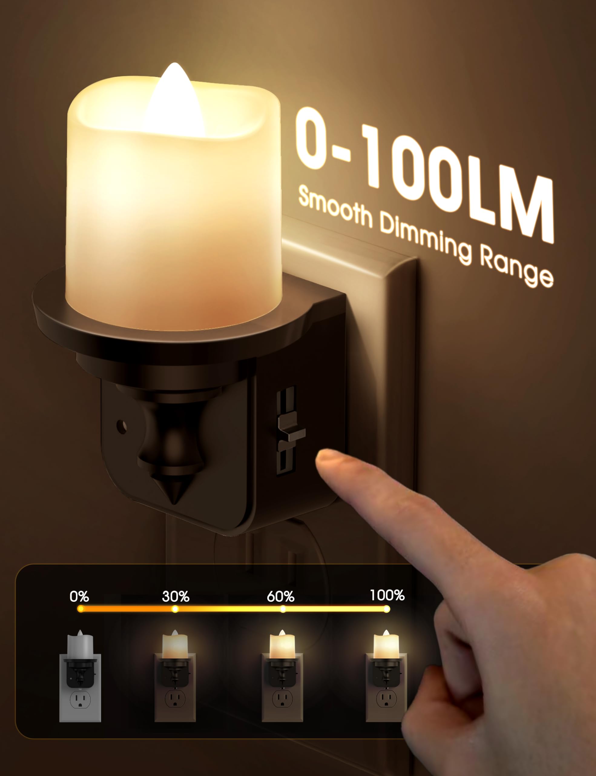 Briignite Flameless Candle Night Light 2 Pack, LED with Light Sensor, Dimmable 0-100LM, 3000K Soft White, Warm Color