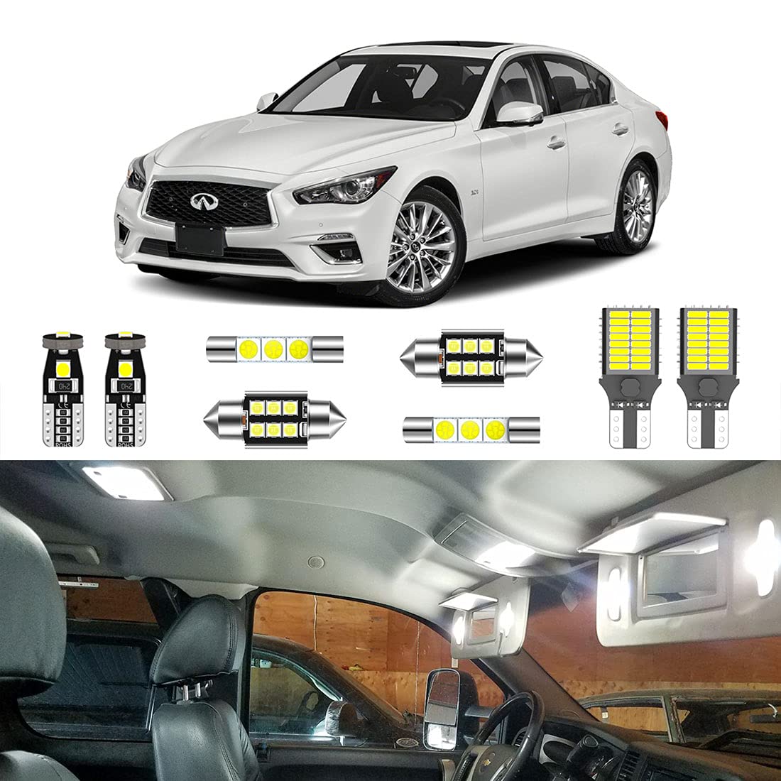 LIGHSTA 10PCS Super Bright White LED Interior Light Kit Package for Infiniti Q50 2014 2015 2016 2017 2018 2019 2020 + License Plate Lights and Install Tool