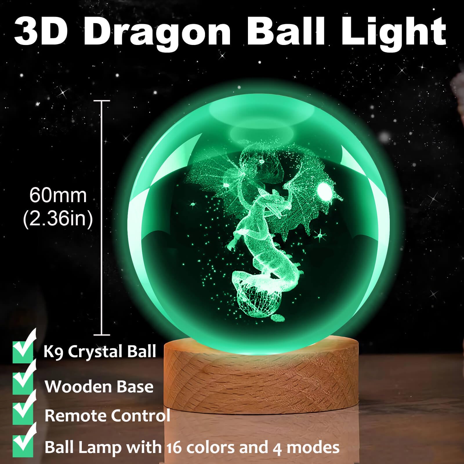 Linsina 3D Dragon Crystal Ball Lamp,60Mm 16 Colors Crystal Ball Night Light With Wooden Base And Remote Control, Dragon Gifts An
