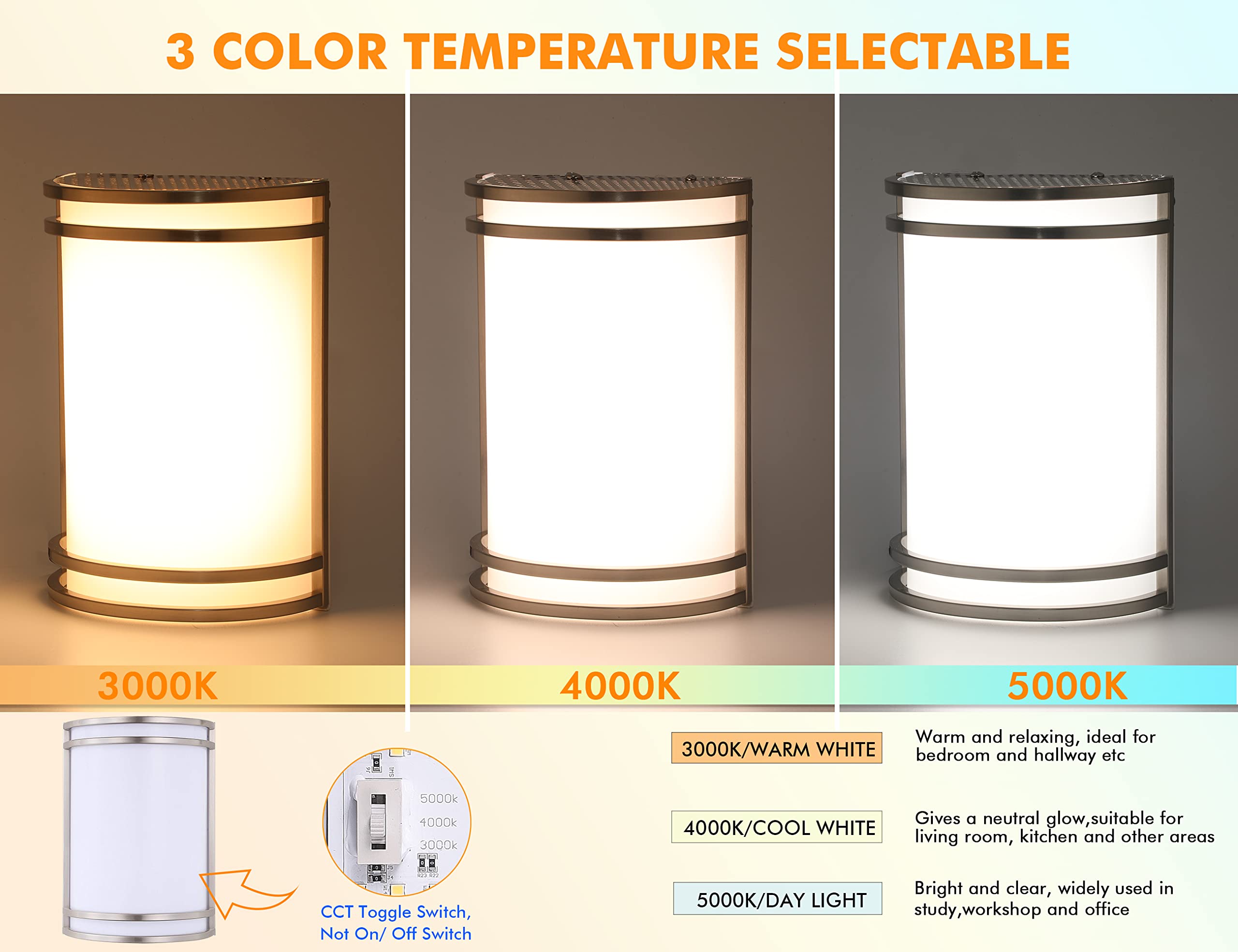 CLOUDY BAY LED 3 Color Wall Sconce, Wall Lighting,3000K/4000K/5000K Color Temperature Adjustable Wall Mount Light Fixture, 15W 1