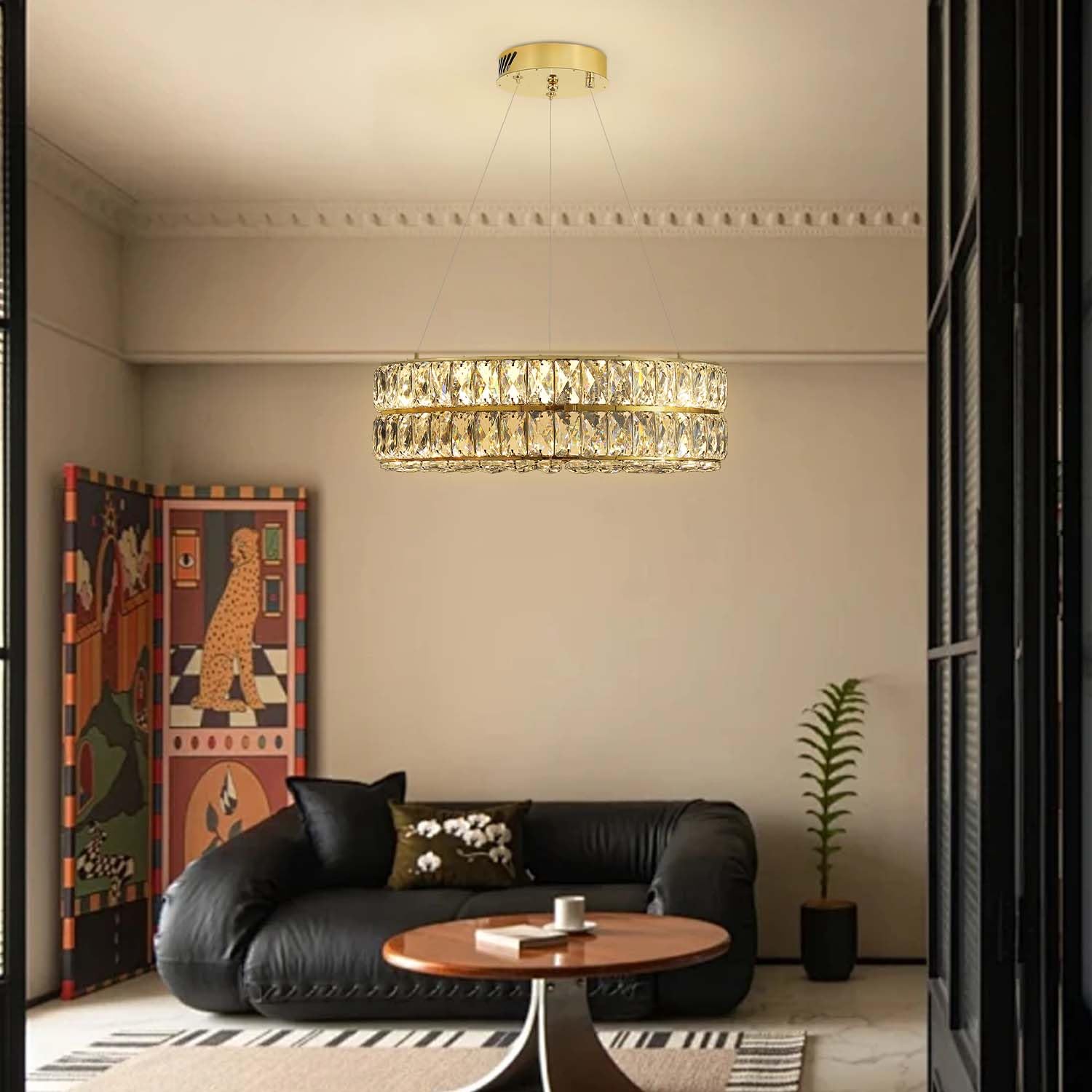 Idequy Led 15.7'' Gold Ring Crystal Chandelier, Modern Dimmable Chandeliers Lighting And Hanging Adjustable, Led Round Ceiling L