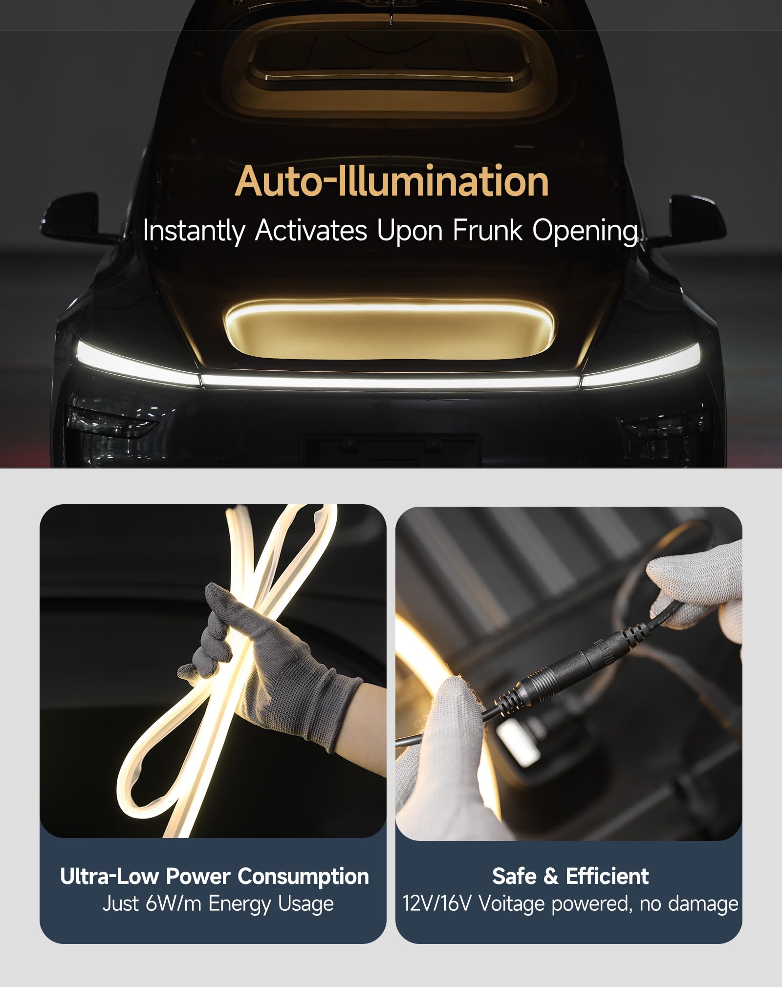 TPARTS Frunk LED Light Strip for Tesla Model Y Juniper 2025+, 3000K Warm White, Flexible Silicone, Tool-Free Installation