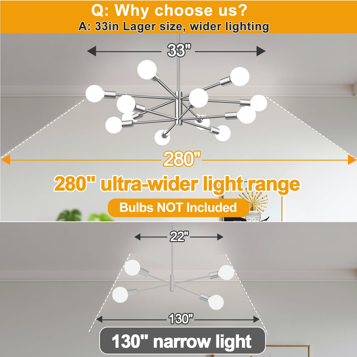 33'' Modern Chandelier Ceiling Light Fixture, 12-Light Sputnik Chandeliers Brushed Nickle Mid Century Chandelier Over Table, Hei
