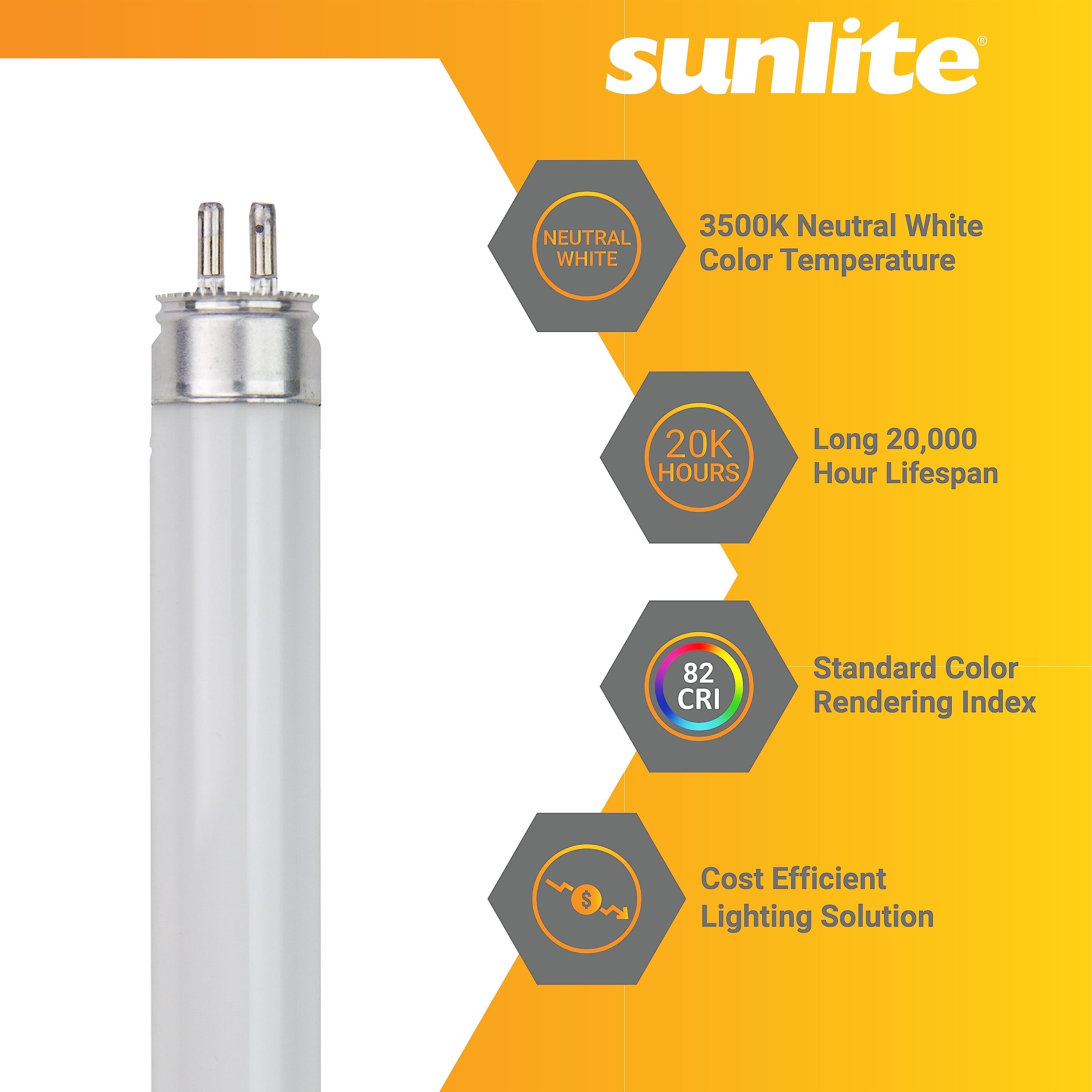 Sunlite 30335 F28T5/835 4 Foot T5 Linear Fluorescent Lamp, 28 Watts, 2500 Lumens, 3500K Neutral White, Miniature G5 Bi-Pin Base,