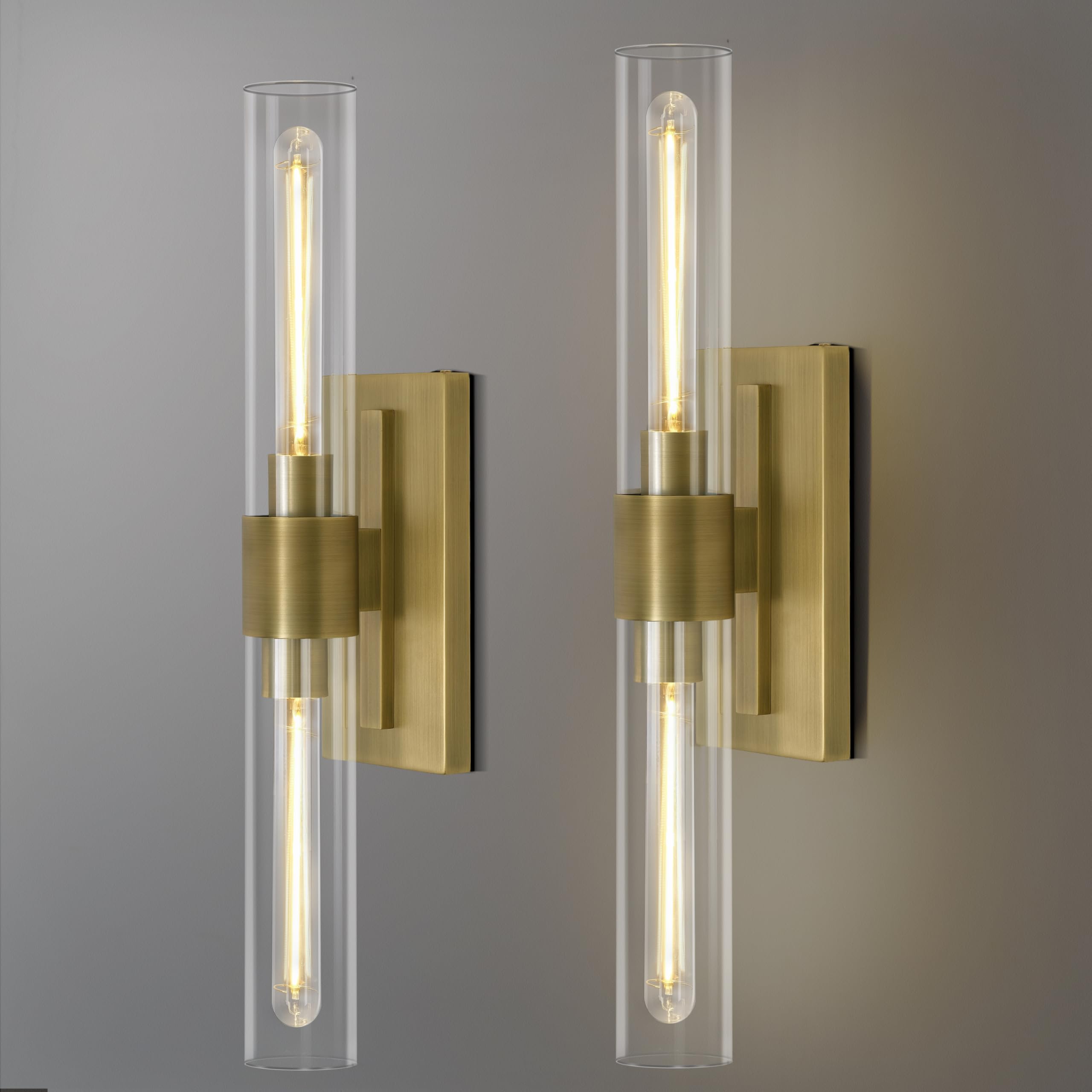 22.8 Brass Wall Sconces Set of 2  Modern Elegant 2-Light Bathroom Vanity Lights with Glass Tube Shade  Dimmable Hardwired Gold Wall Sconce for Bathroom Mirror  Living Room  Hallway (Bulbs Included)