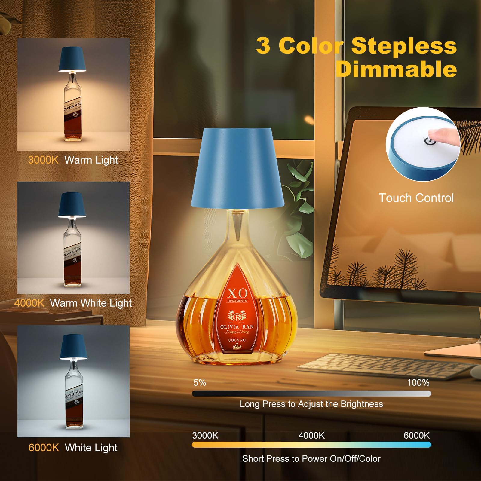 Soudfk Wireless Bottle Lamp, 2025 New 3 Color Rechargeable Wine Bottle Lights For Bars Restaurants (Blue, 1Pc)