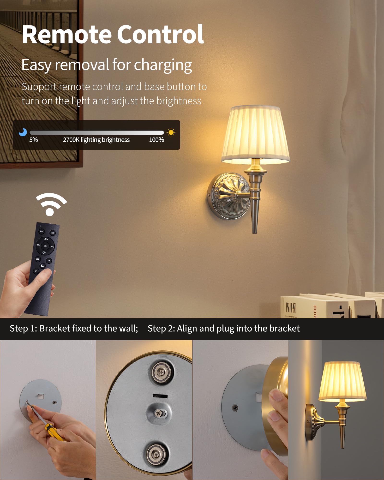 KDG Cordless Wall Sconces Set of 2, Rechargeable LED Lamps, Nickel & Beige, Model AMZ-TBL-035, Ideal for Living Room, Bedroom, Hallway