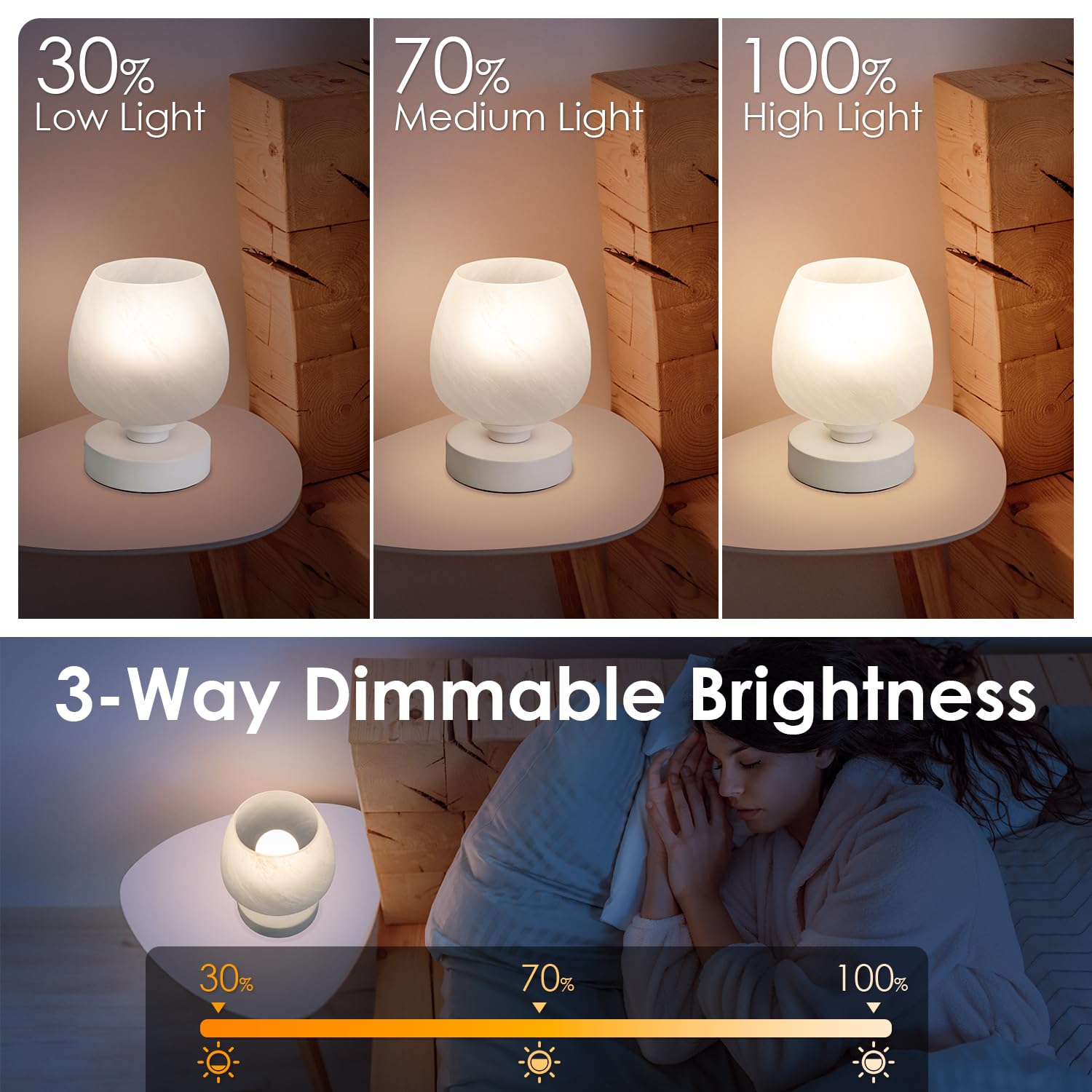 Soilsiu Bedside Table Lamp - Touch Control, 3-Way Dimmable, Metal, White Opal Glass Shade, Warm LED Bulb Included, Model GL-002