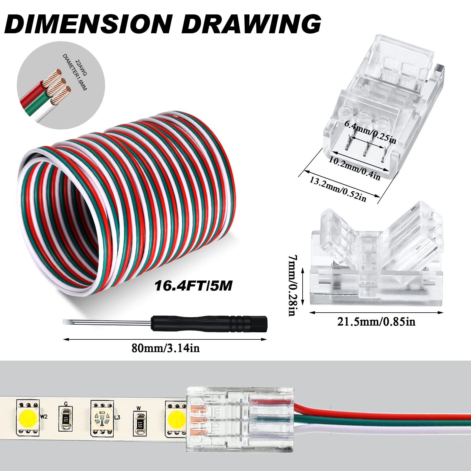 20 Pack 4 Pin 10Mm Solderless Led Strip Connector Transparent Track Lighting Led Pin Connectors With Wire Strip 16.4Ft For 5050(