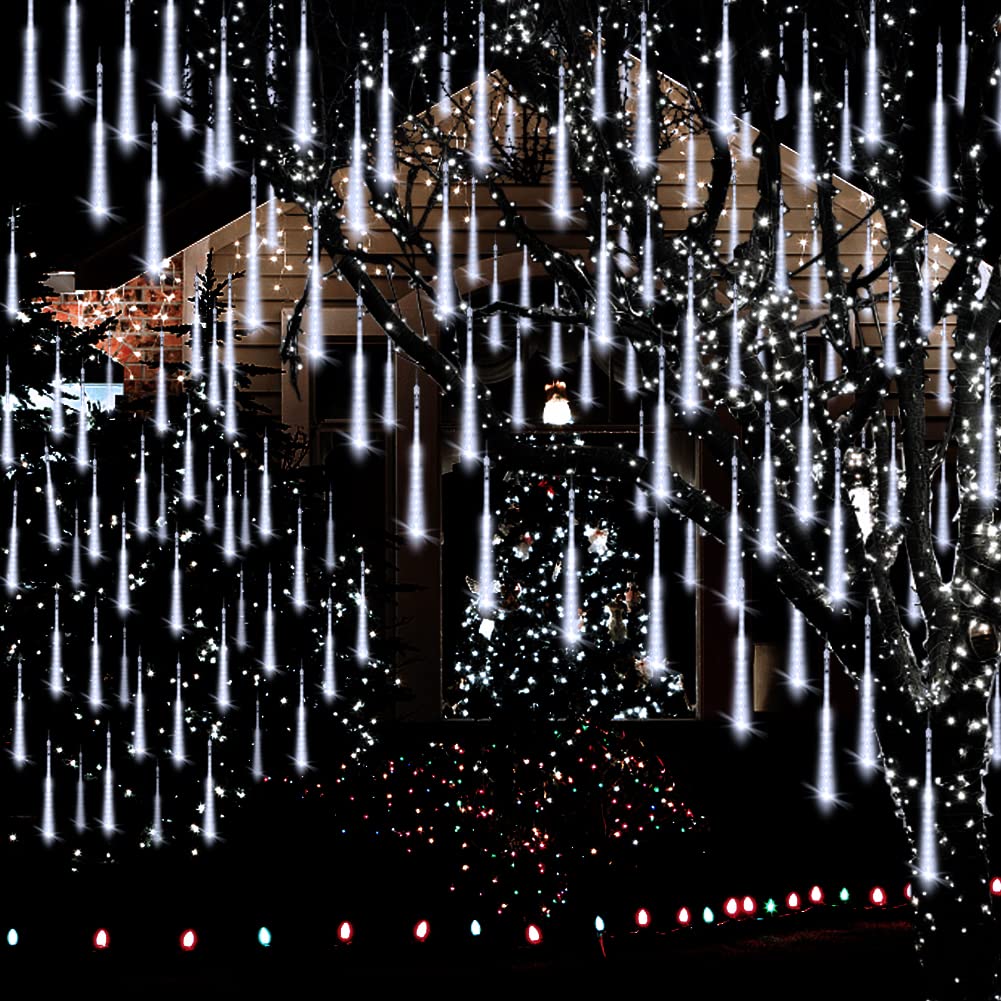 Adecorty Meteor Shower Lights, 8 Tubes, 192LED, White, UL Certified, 26.9ft Outdoor Christmas Decorations