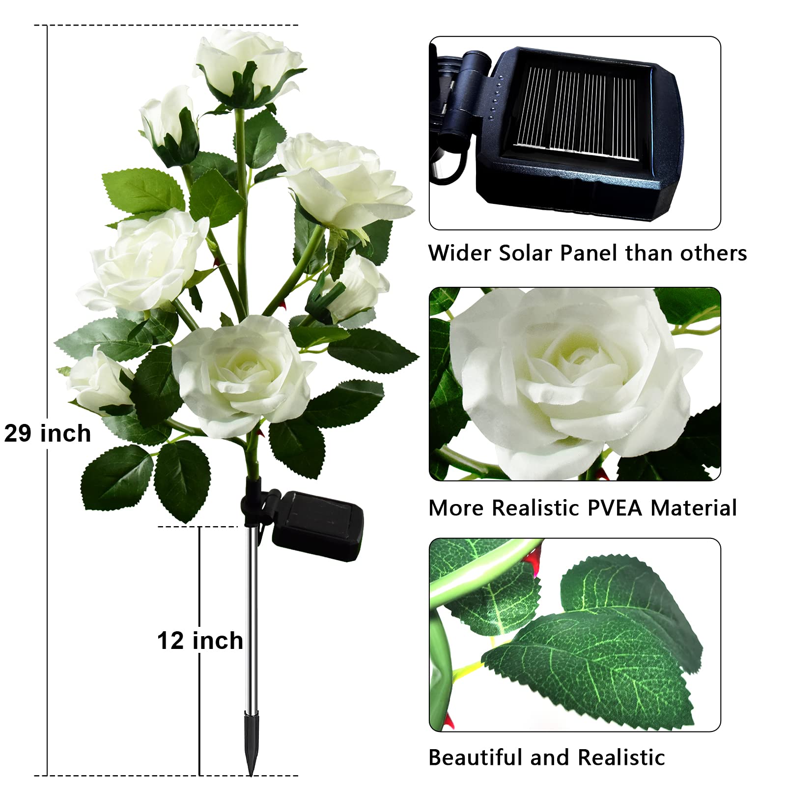 Nqn Upgraded 4 Pack White Outdoor Solar Powered 7 Rose Flowers Garden Stake Light, Led Solar Powered Light Decorative Flower Lam