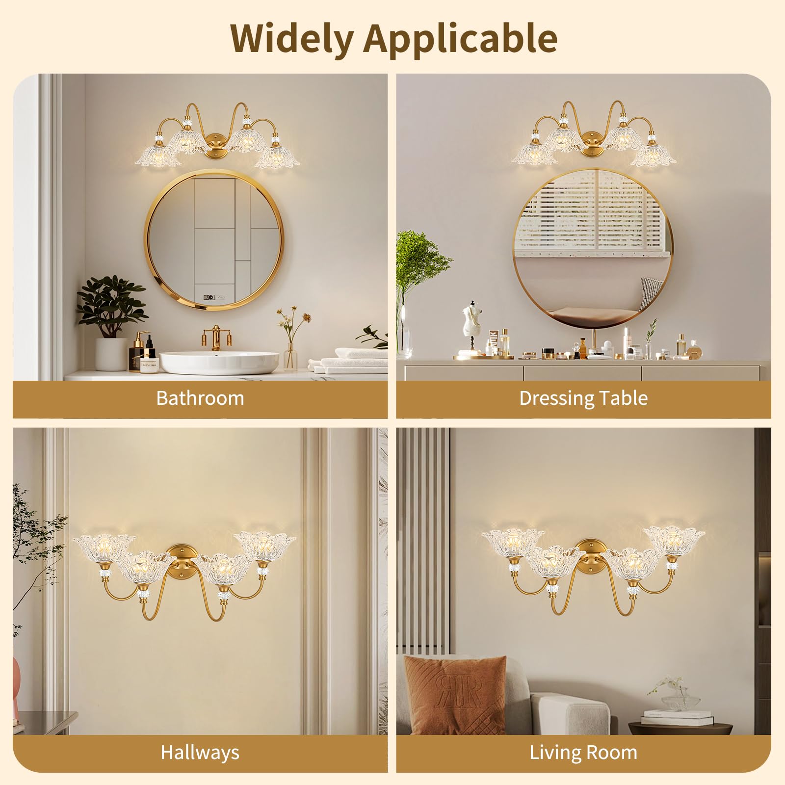 sunkryster 4-Light Vintage Bathroom Vanity Light, Matte Brass Finish, Floral Glass Shades, Retro Wall Mount, Model Sun-104AB-Brass-4