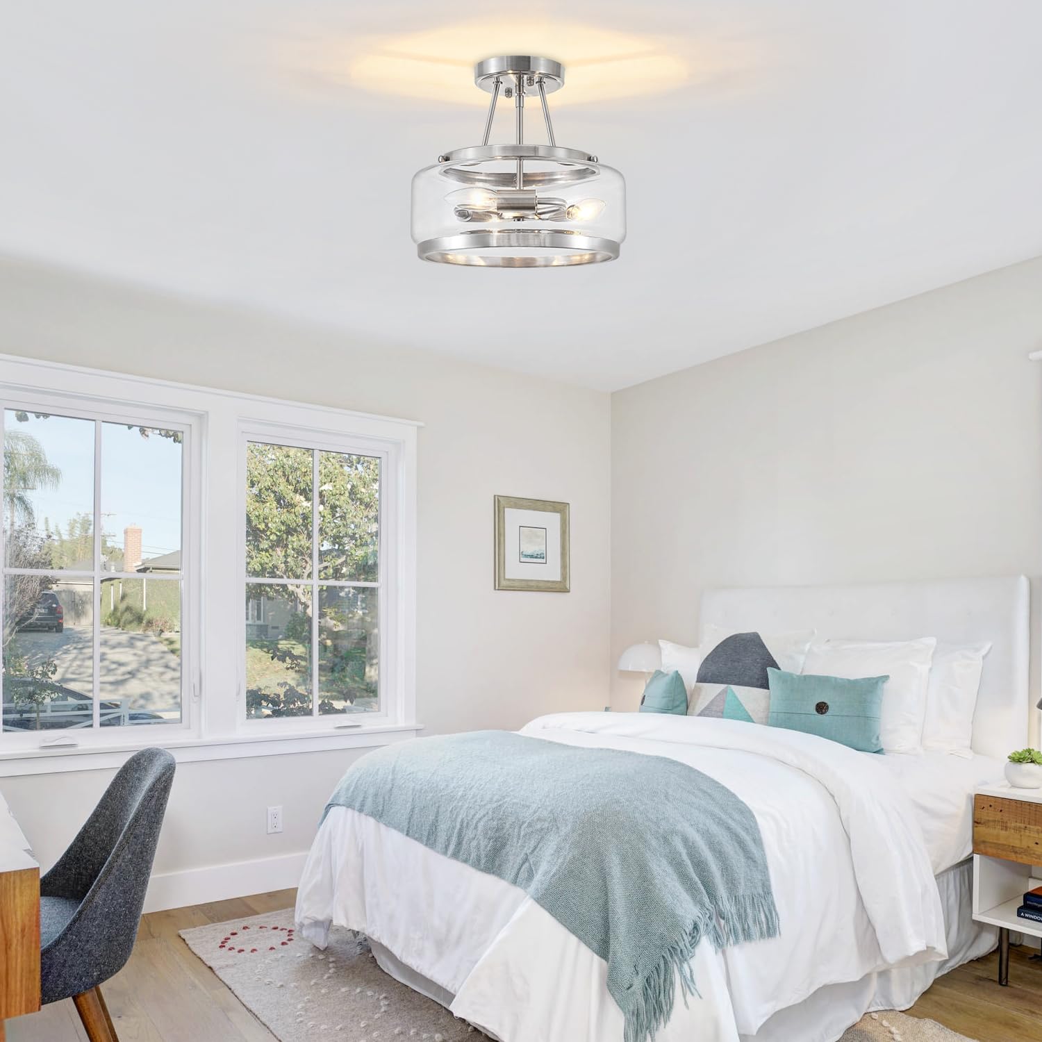 Brushed Nickel Modern Glass Ceiling Light  3-Light Drum Semi Flush Mount Ceiling Light Fixture  Entryway Light Fixture  Ceiling Lamp For Hallway Bedroom Laundry Kitchen Dining Room Lighting  Ul-Listed