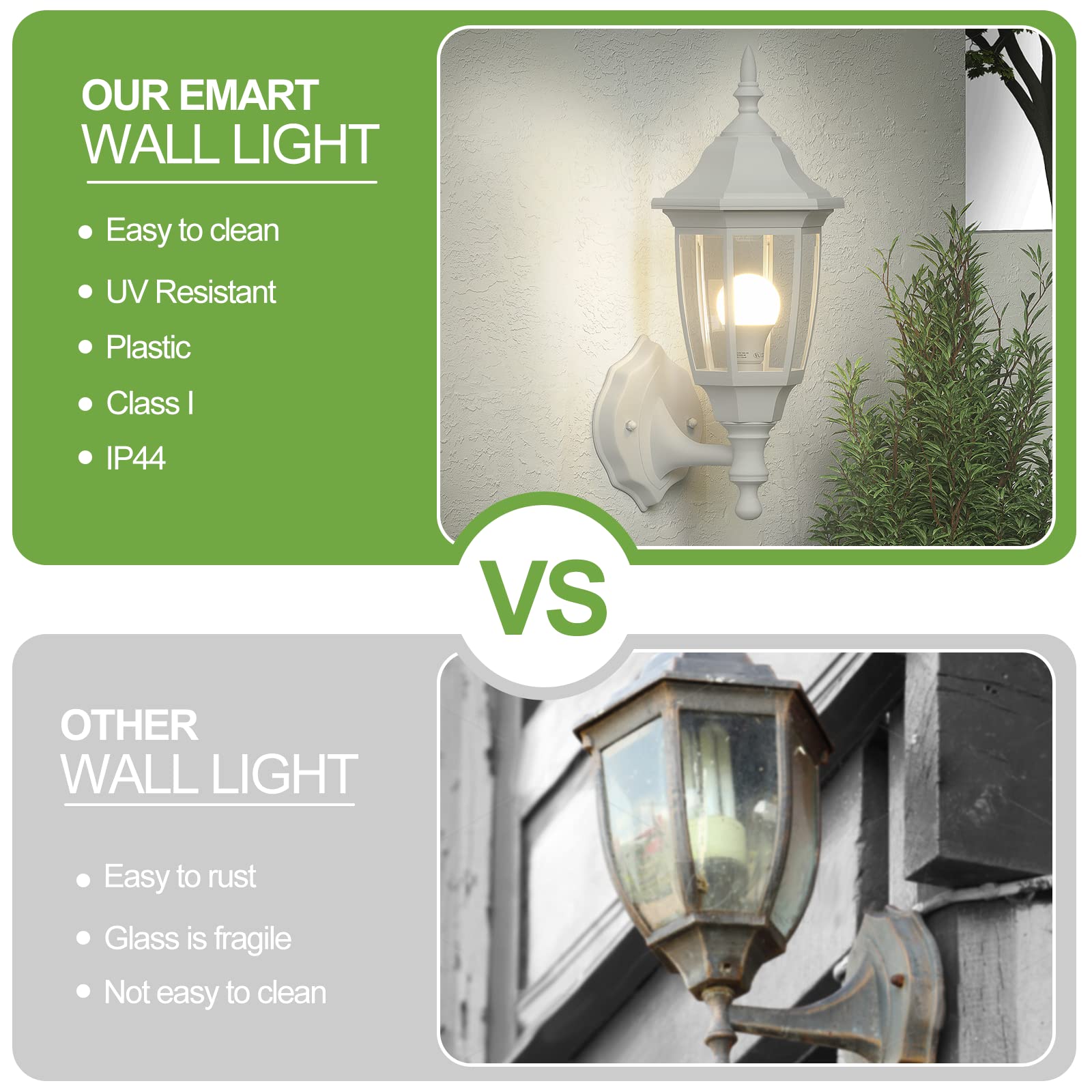 EMART Dusk to Dawn Outdoor Porch Sconce, LED Waterproof Light Fixture, Plastic, White, 2 Pack, Model EM-WGL-2-PS