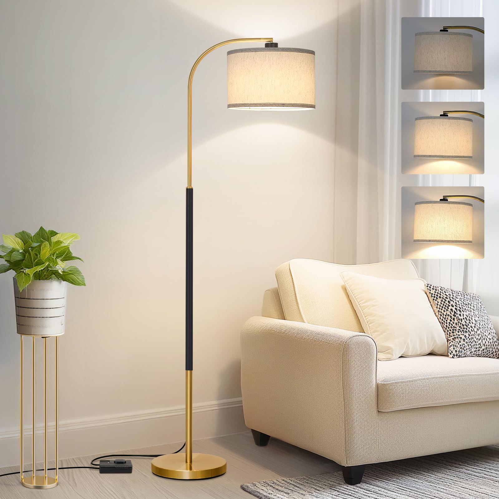 Dimmable Floor Lamp for Living Room, Arc Floor Lamps with Adjustable Drum Shade Pedal Switch, Black and Gold Tall Standing Lamp 
