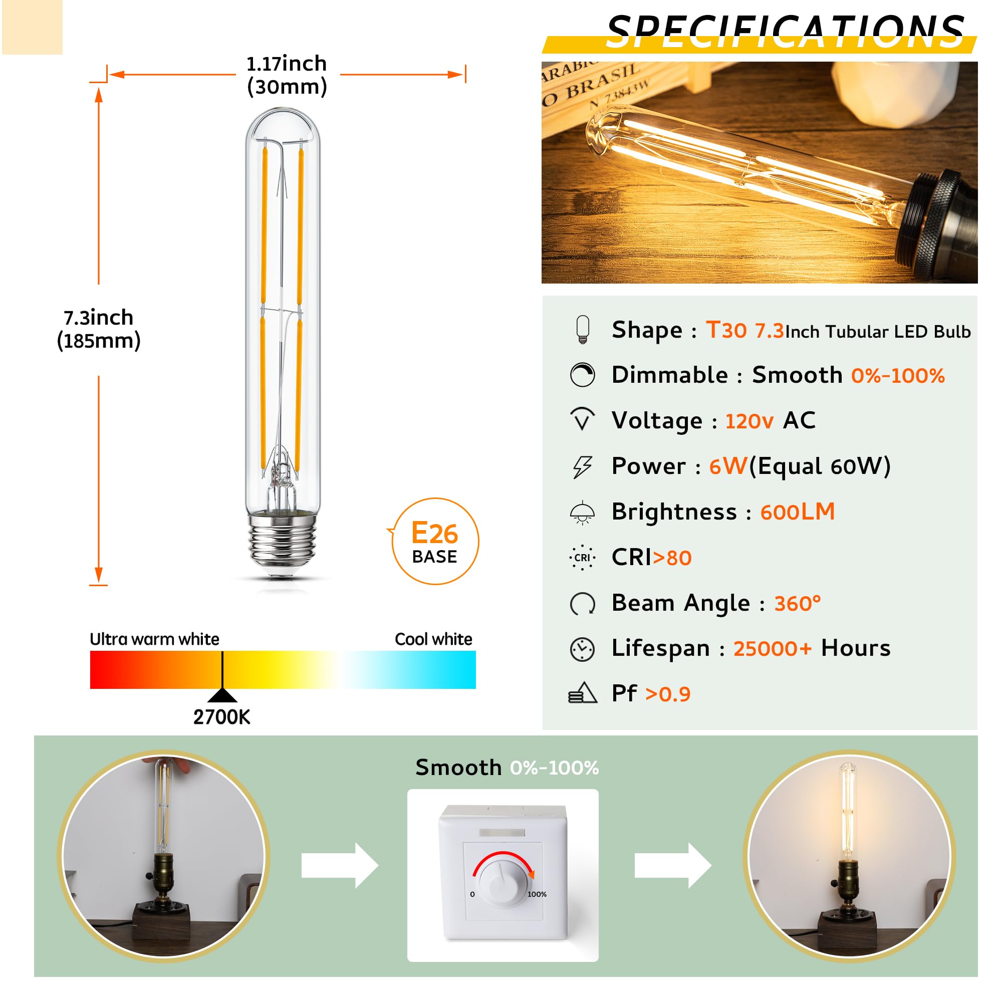Sphoon Dimmable T10 LED Bulb 6W E26 2700K Soft White Glass 7.3 Inch 8-Pack