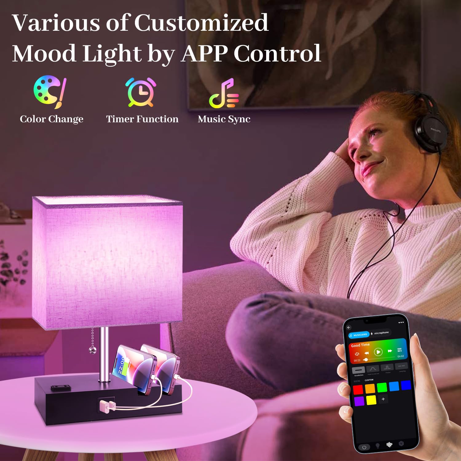 Smart Rgb Dimmable Table Lamp Compatible With Alexa&App&Remote Control, Bedside Desk Lamp With Charging Ports&Outlet&Phone Stand