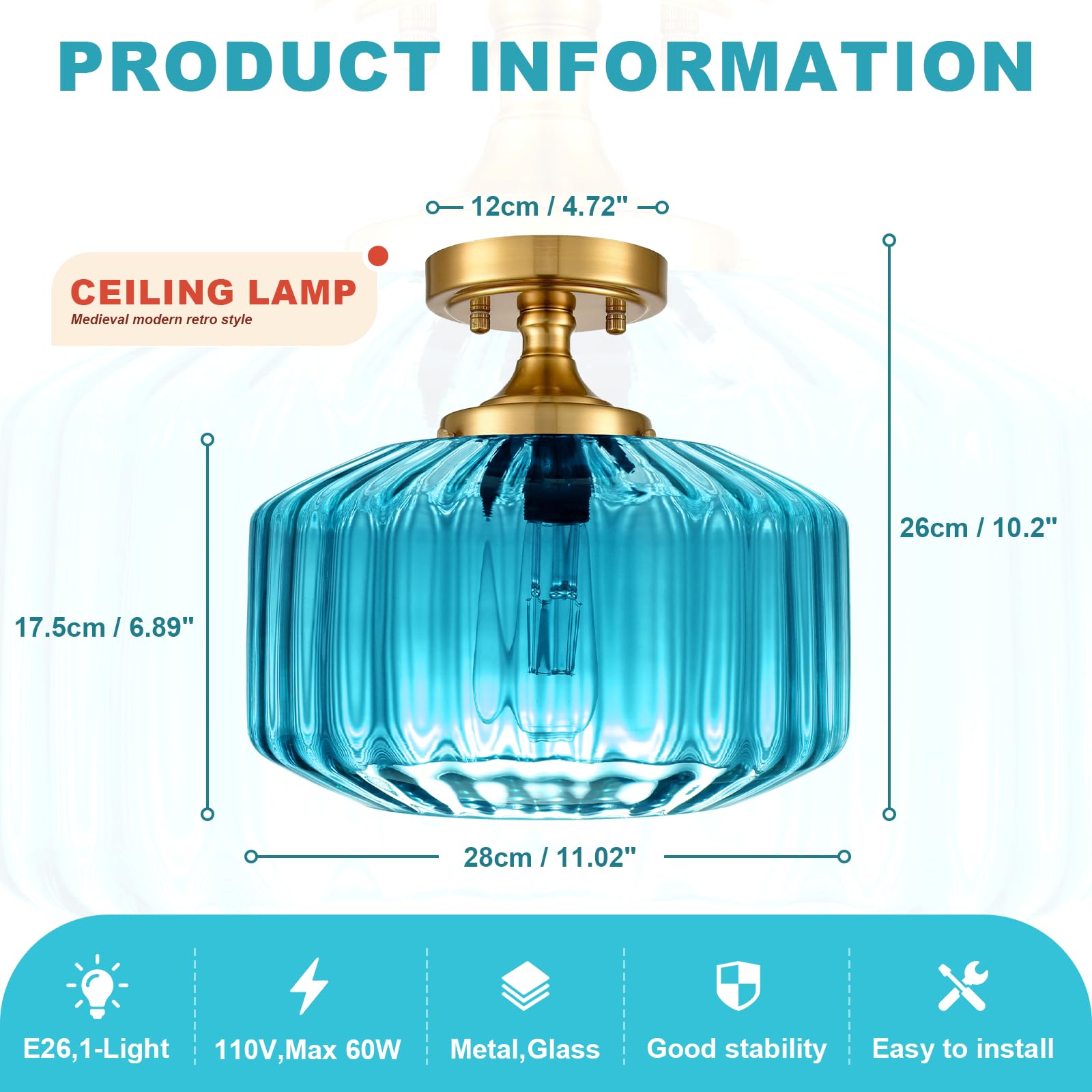 Qepeety Blue Glass Flush Mount Ceiling Light  11.02 Vintage Gold Chandelier Hallway Lights Fixture  Modern Close To Ceiling Lighting For Bathroom Bedroom  Compatible With E26 Bulb (Bulb Not Included)