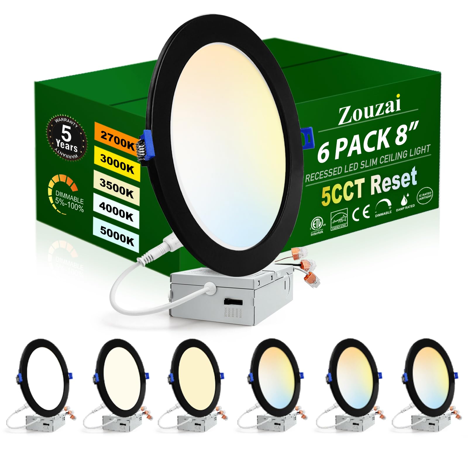 zouzai 6 Pack 8 Inch Black 5CCT Ultra-Thin LED Recessed Ceiling Light with Junction Box 2700K/3000K/3500K/4000K/5000K Selectable