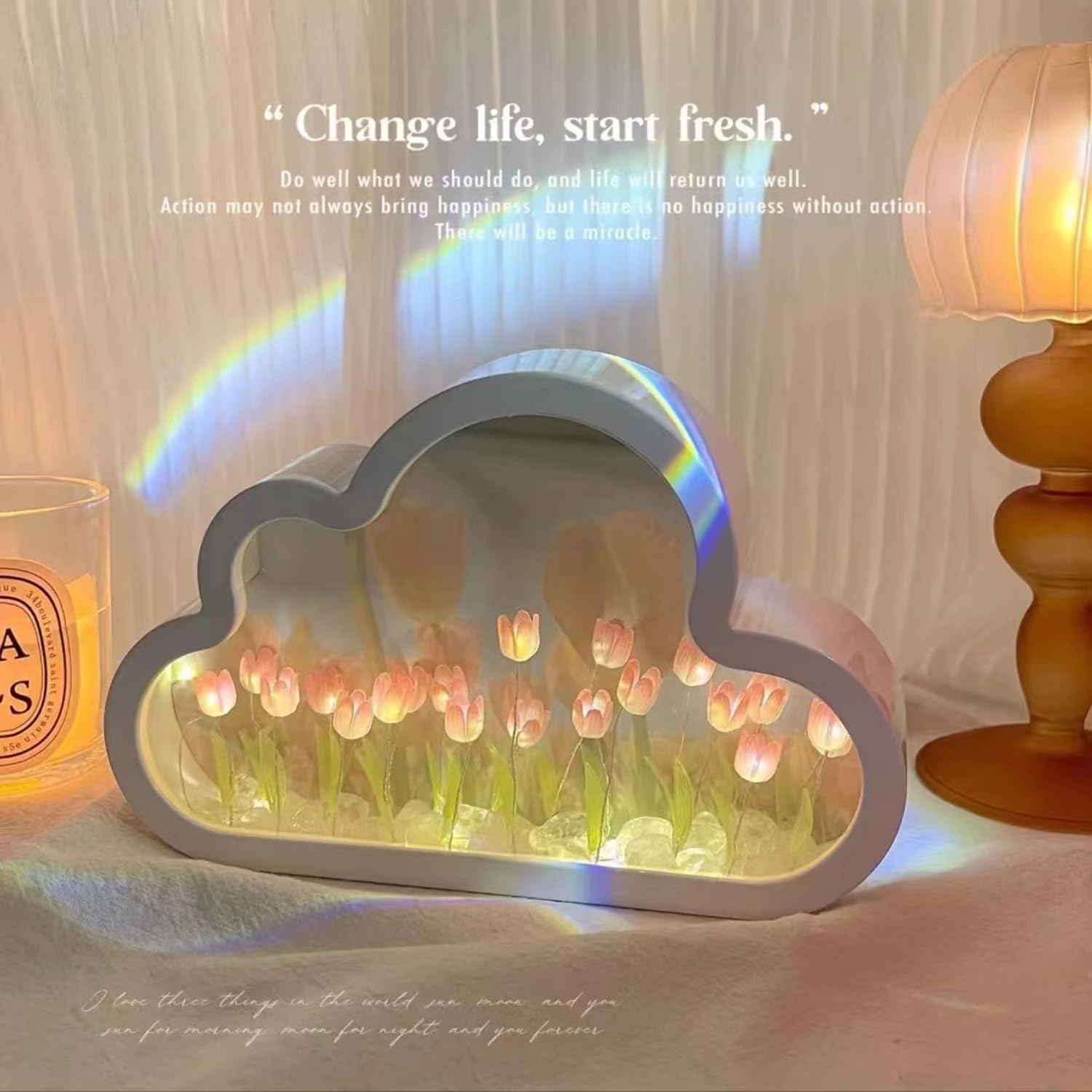 Yckeogln DIY Cloud Tulip Mirror Night Light, Pink Plastic Table Lamp for Bedroom Decor, Model YK-Cloud Tulips Light