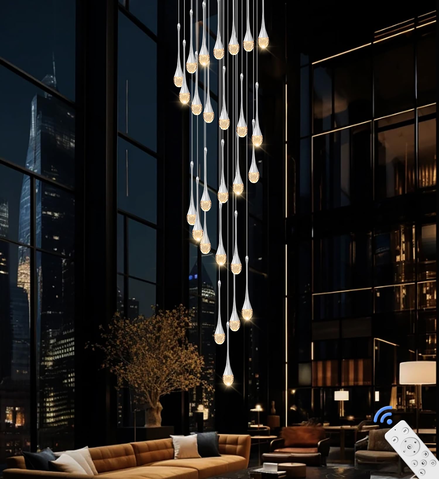 ykolupty Large Crystal Chandelier 138" K9 Raindrop Light 26-Lights Silver Model TP0038-26Y Dimmable 2700-6000K for High Ce