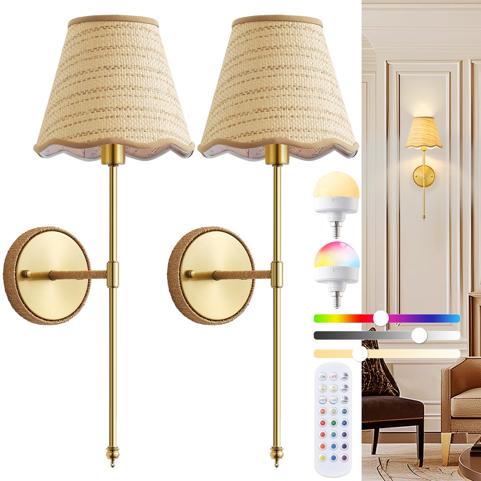 Giutna Battery Operated Wall Sconce Set of 2, Wireless Rattan Wall Mounted Light Fixture Rechargeable Wall Sconces with Dimmable