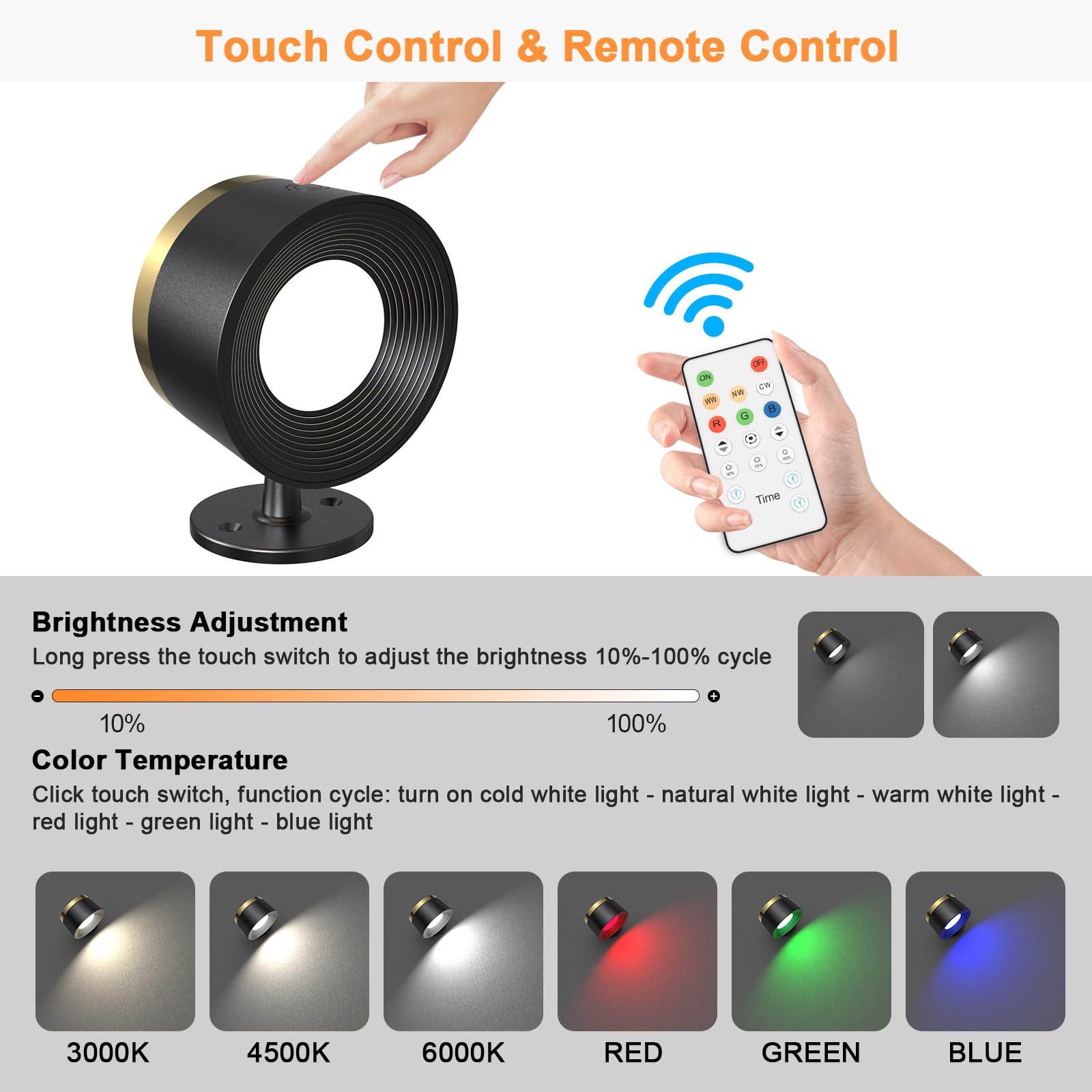 Speclux LED Wall Sconces Set of Two, Rechargeable, Remote, 3 Color Temperatures, Dimmable, Black, Model BS-WL005C-1