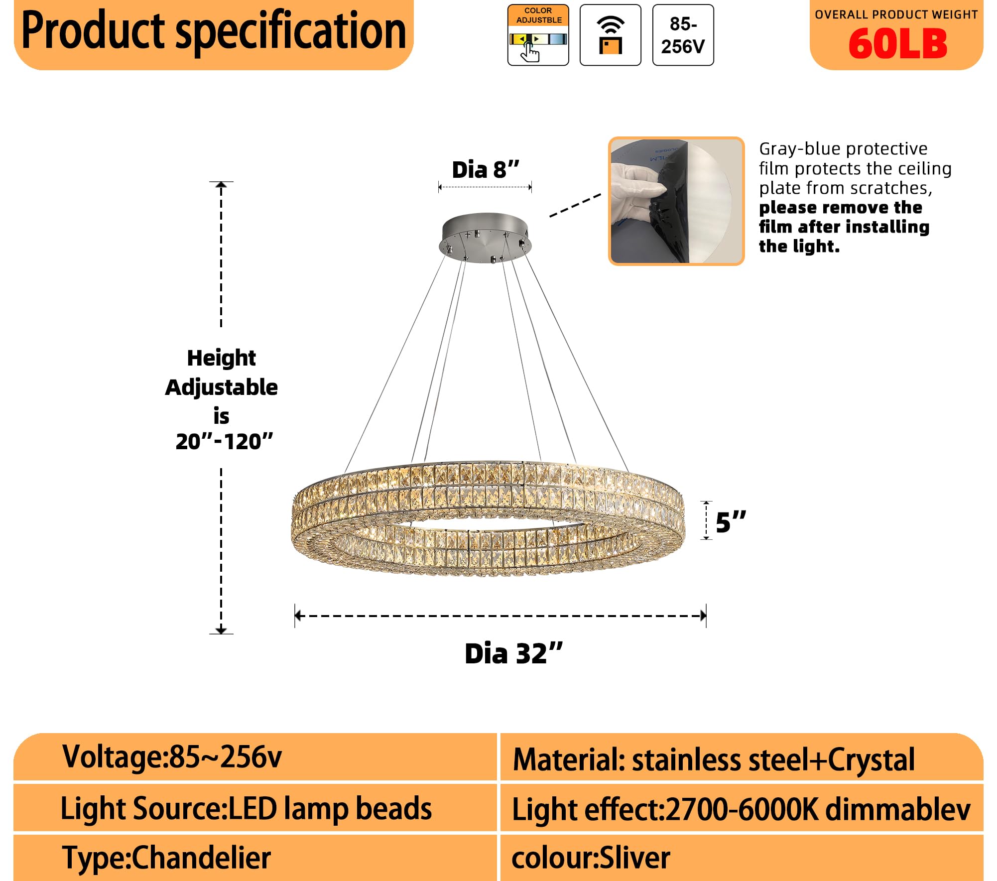 IDEQUY 47.5" Round Crystal Chandelier, Silver Stainless Steel & Acrylic, Dimmable LED Lighting, Model CF8024-120Y