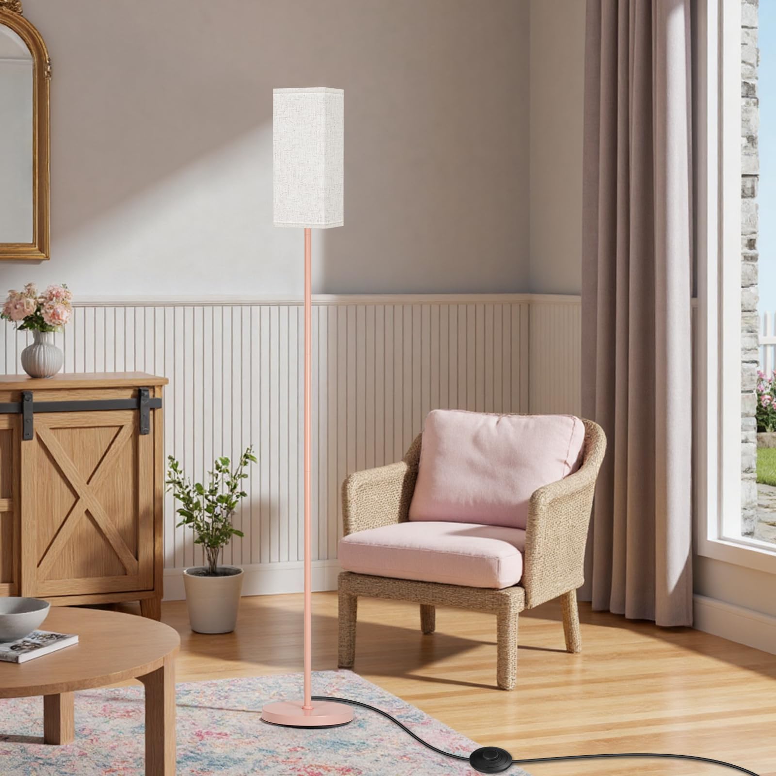 GOEBLESON Floor Lamp, Modern Standing Lamp with Foot Switch, Metal, 64.6in, Beige + Pink, Model PE07LD05, ETL Listed