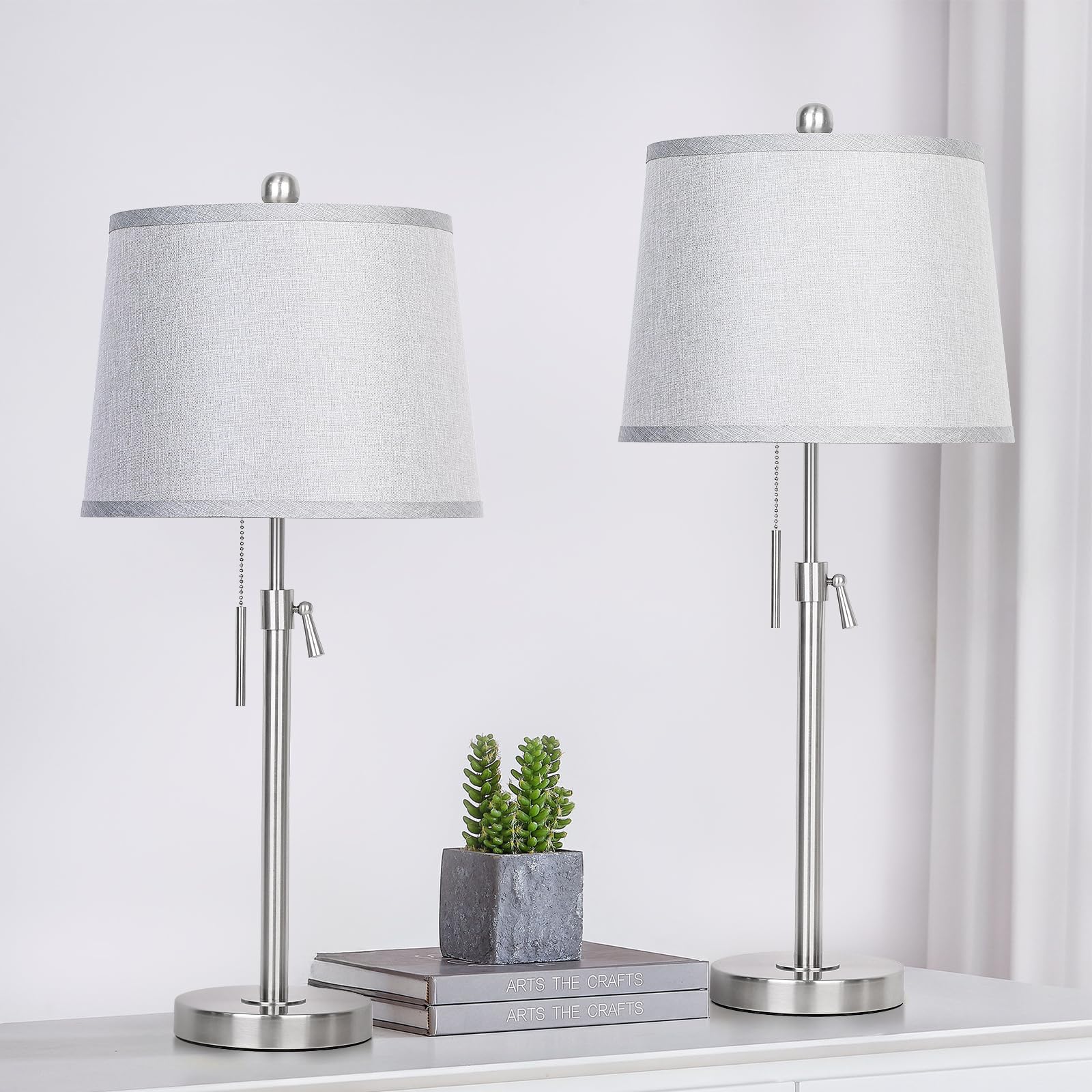 JUNNAI Adjustable Height Table Lamps Set of 2, Silver with Gray Shade, 22" to 30" for Bedroom and Living Room, Bulbs Included