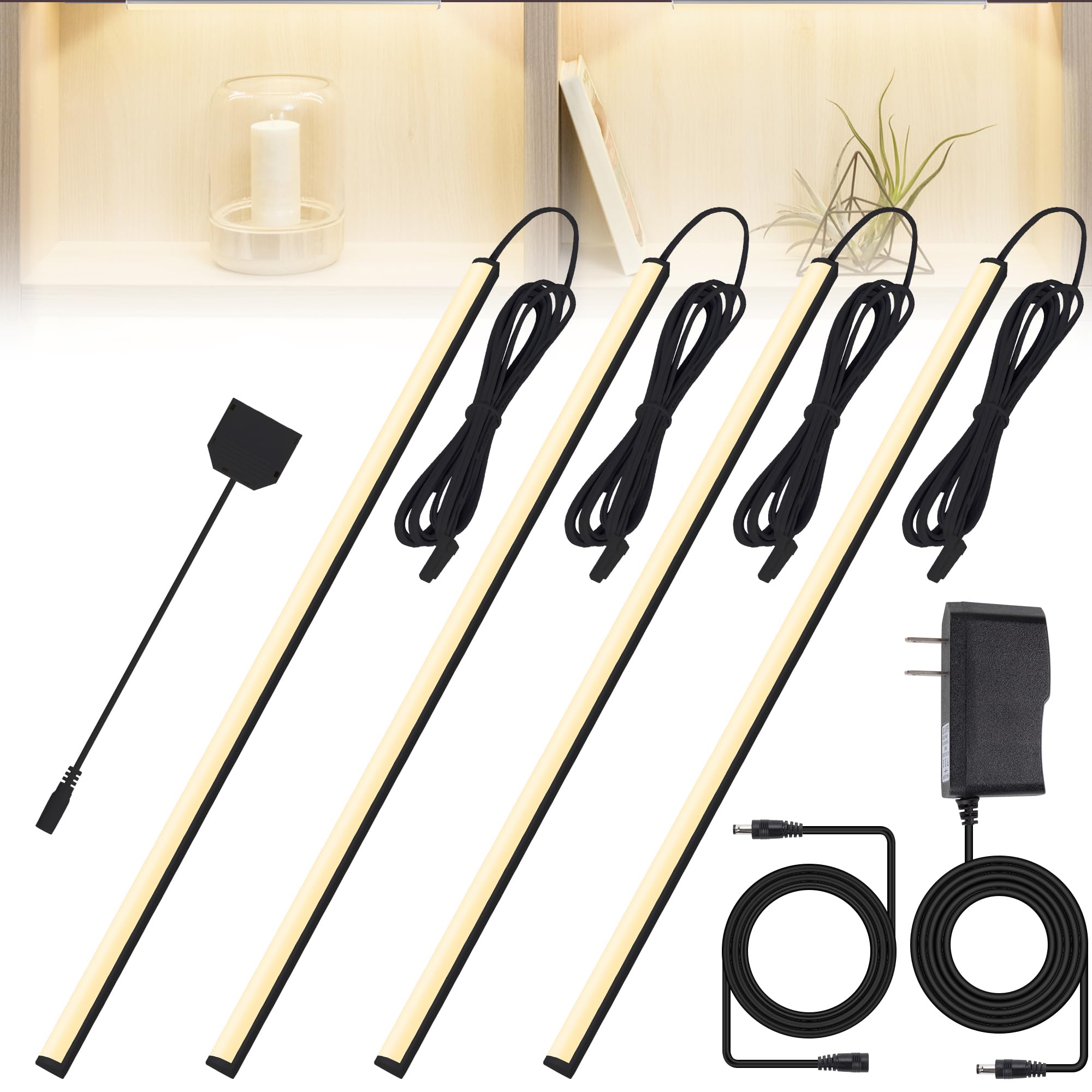 JUSJUBR Black LED Shelf Lights, Display Cabinet Lights with Memory Function, 4 Pack x12 Inch Display Lights for Shelves, LED Lig