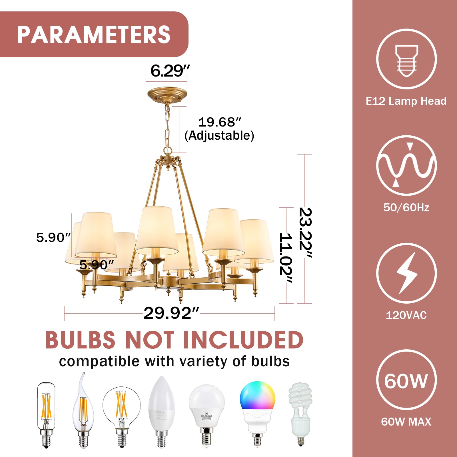 Qgiytp 8-Light Gold Chandelier, Industrial Iron Pendant Light with White Linen Shade for Dining Room, Kitchen, Living Room, Model U-2282