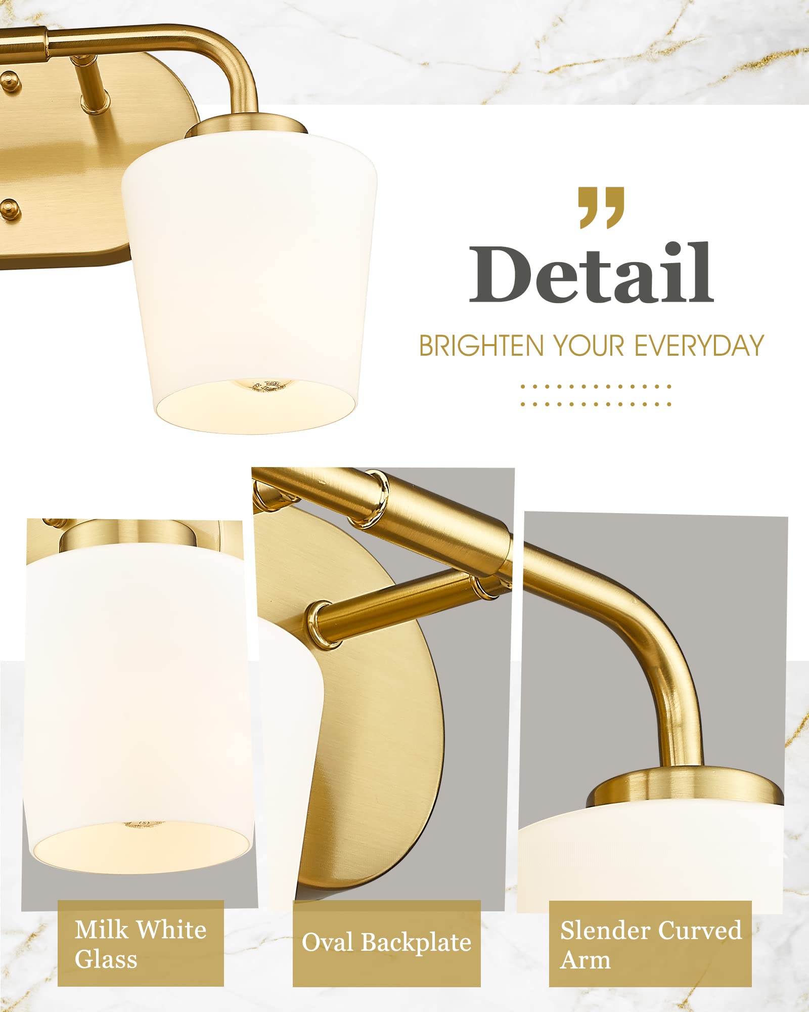 Audickic Brushed Gold Bathroom Vanity Light, Farmhouse Brass Sconces Wall Lighting with Milk White Glass, Champagne Bronze Light