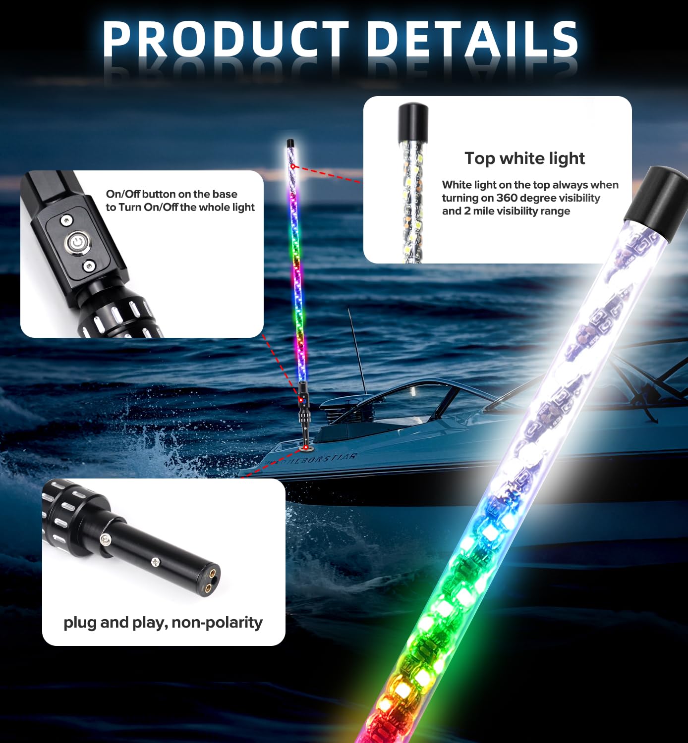 Tavaray 4FT Boat Navigation Lights, 600+ RGB Patterns, Remote Control, 2NM Coast Guard Compliant, Model TVR-WL-4FT-BR-SPIRAL-G