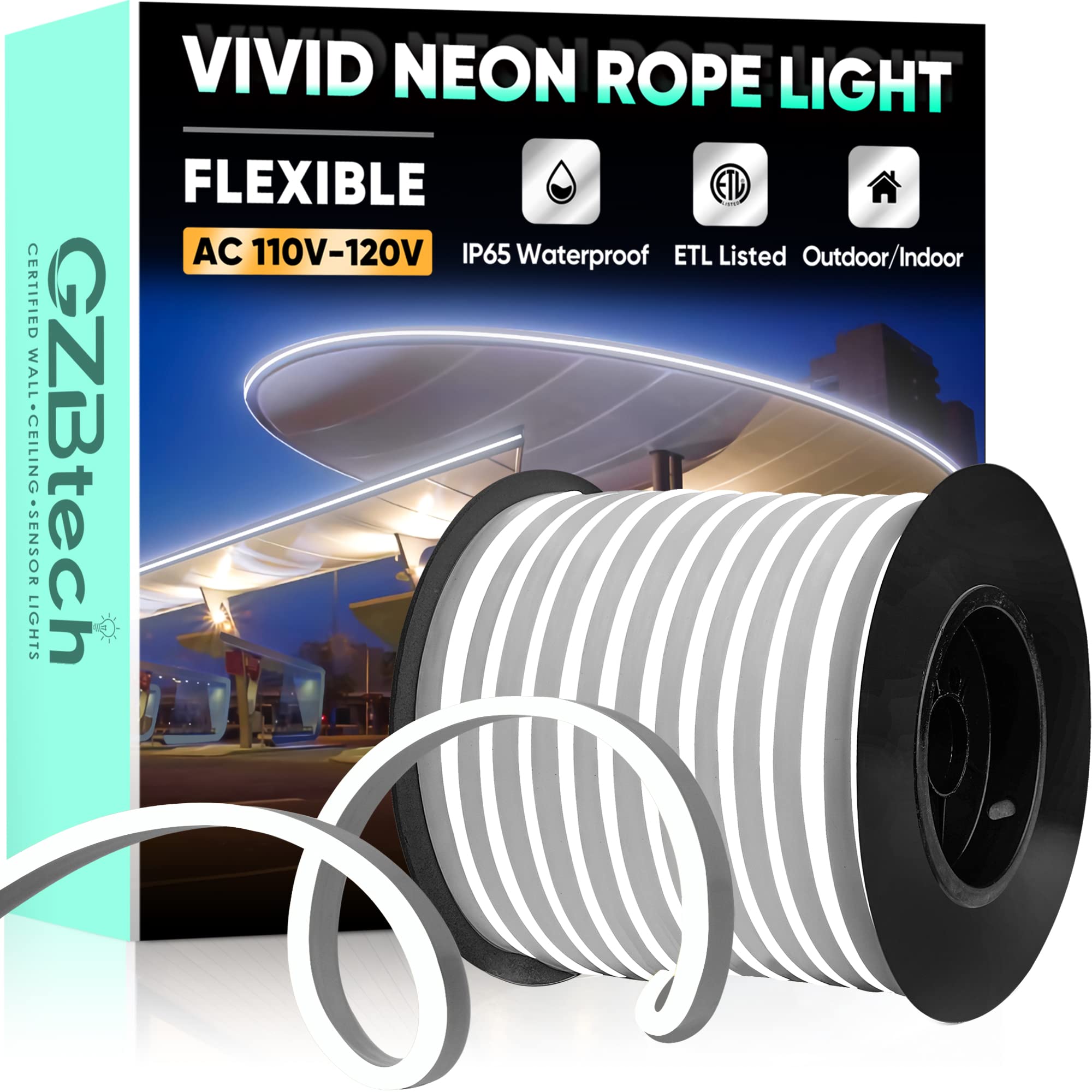 Gzbtech Flexible Led Neon Rope Lights 132Ft Ac 110-120V Waterproof Strip Light  120 Leds/M Cuttable Connectable Neon Lighting For Indoor Outdoor Home Decor/Commercial Building Use-Cold White 40M