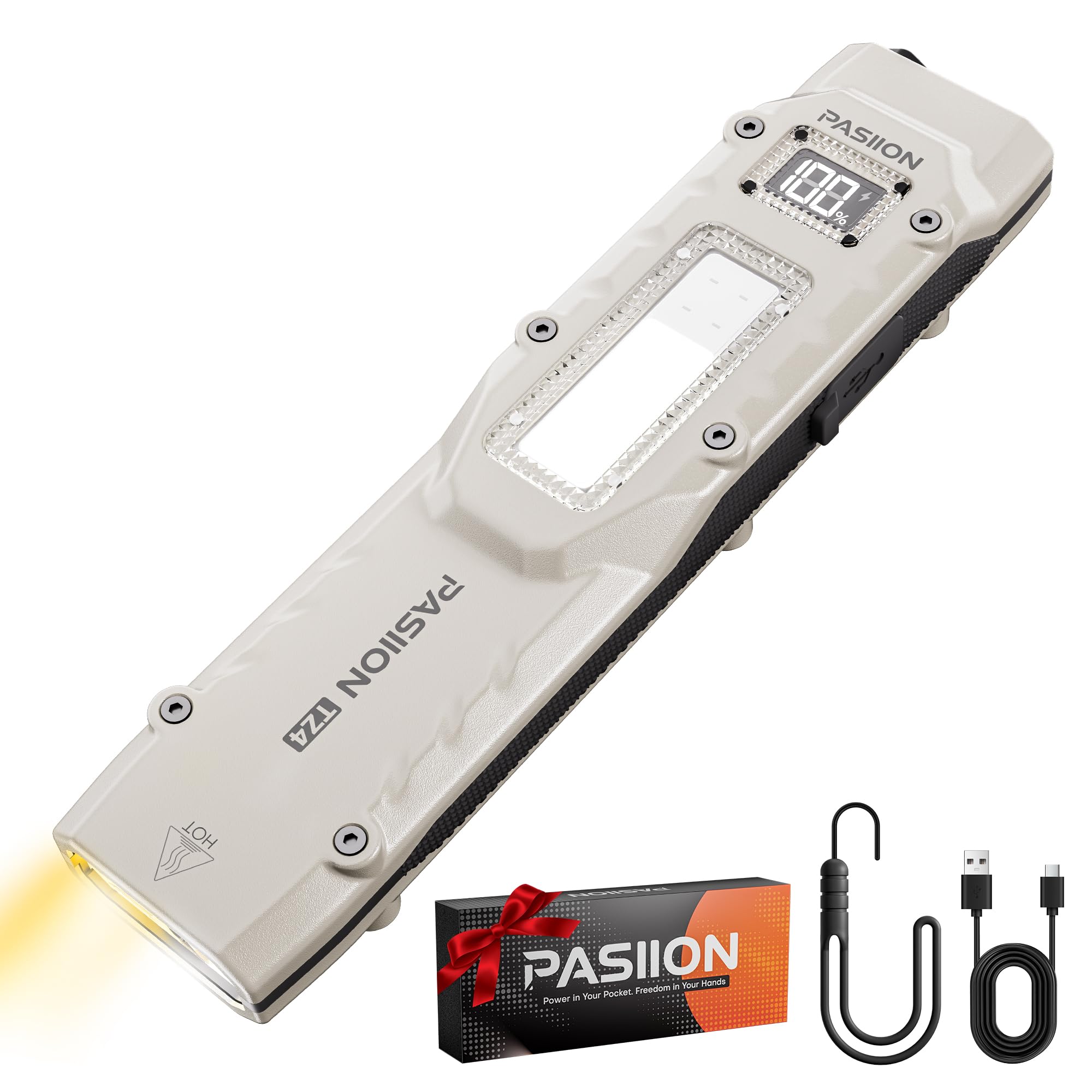 PASIION EDC Flashlight 1000 Lumens Tactical Rechargeable Stainless Steel, 13 Modes, Warm+White Light, Model TZ4-A