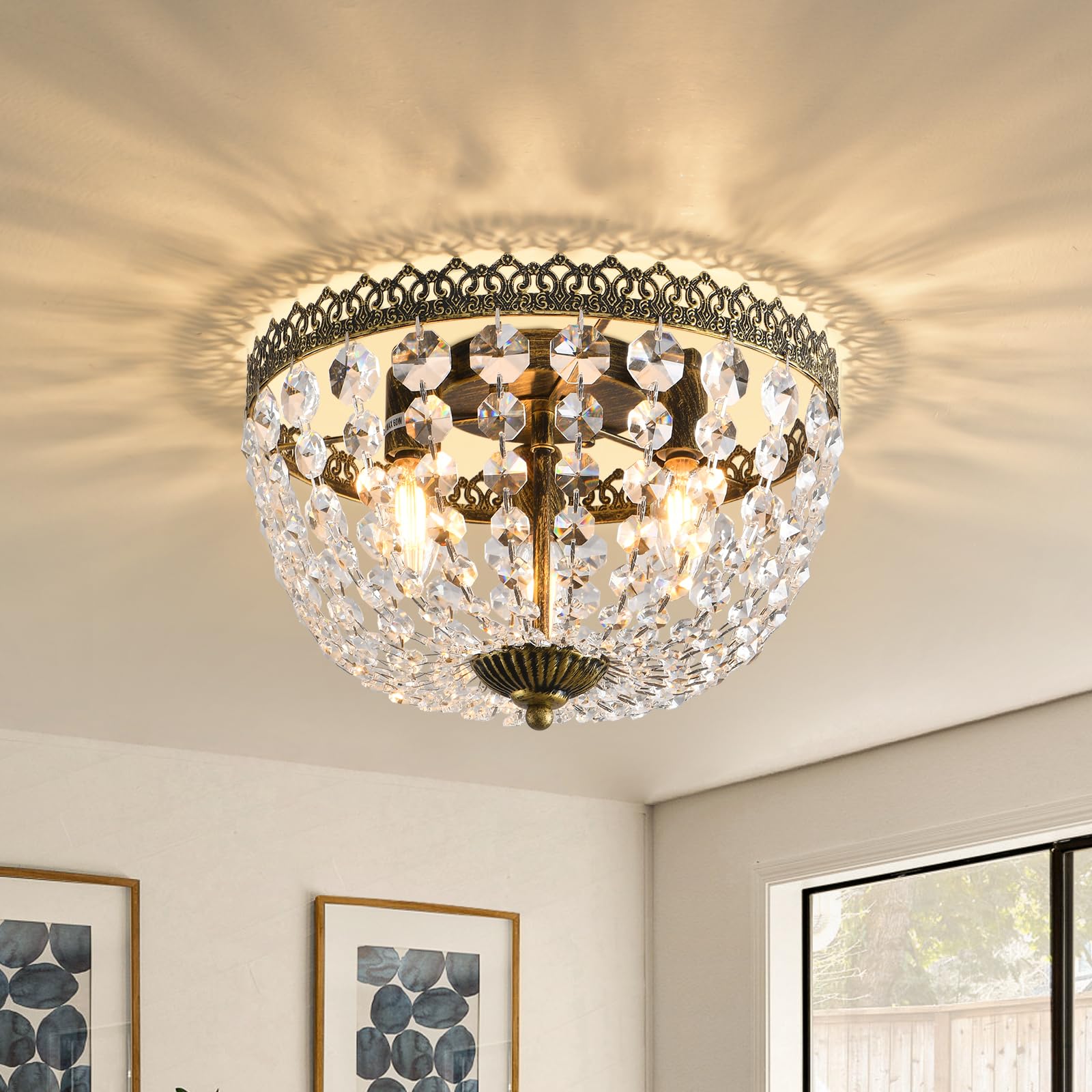 KAIQI 3 Lights French Empire K9 Crystal Flush Mount Chandelier Lighting Antique Ceiling Light Fixture for Dining Room Entrance H
