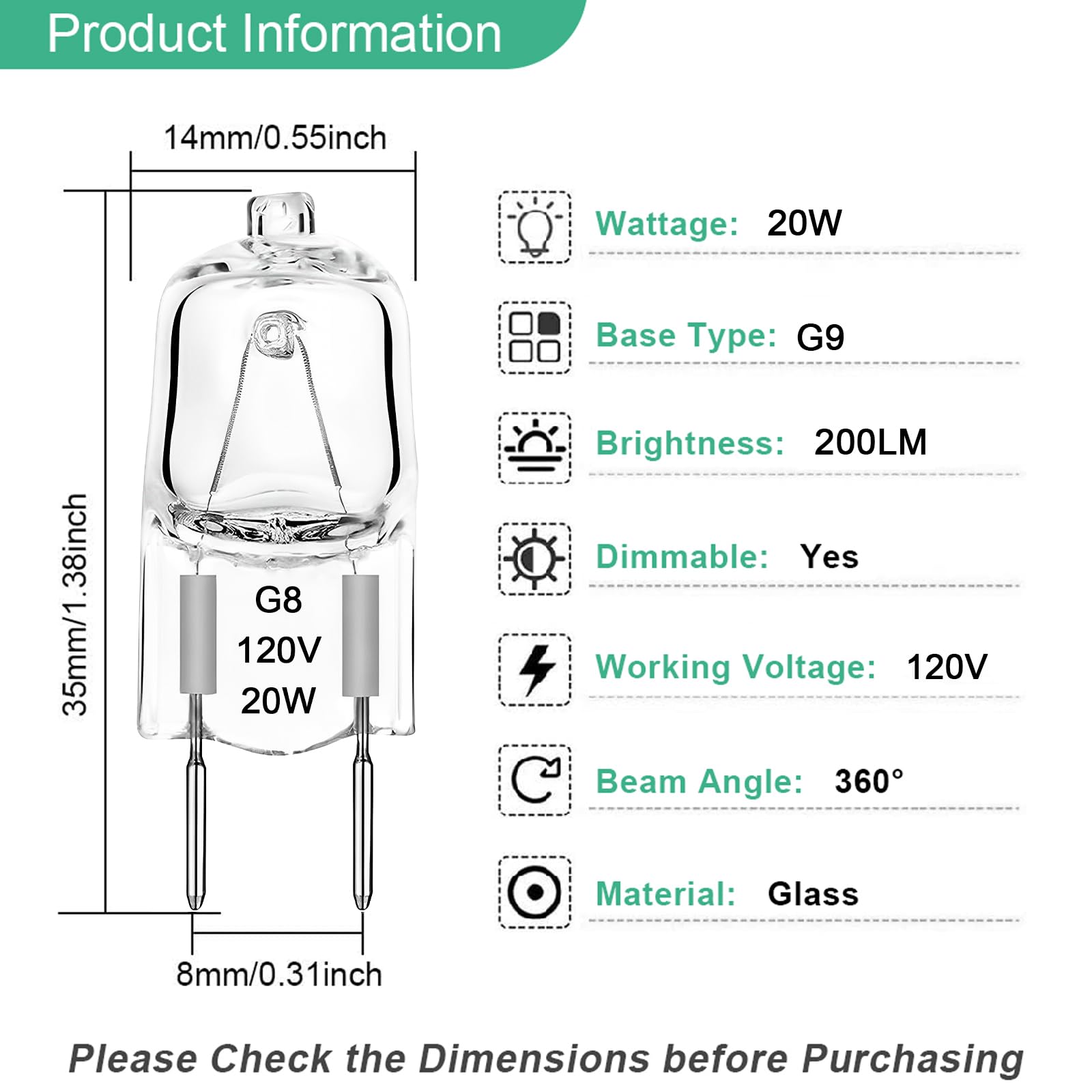 Taiyaloo G8 Halogen Light Bulbs 20W Dimmable 120V G8 Base 2Pin Xenon Bulb (20 Pack) T4 Jcd Type Warm White Under Cabinet Puck Lighting Replacements